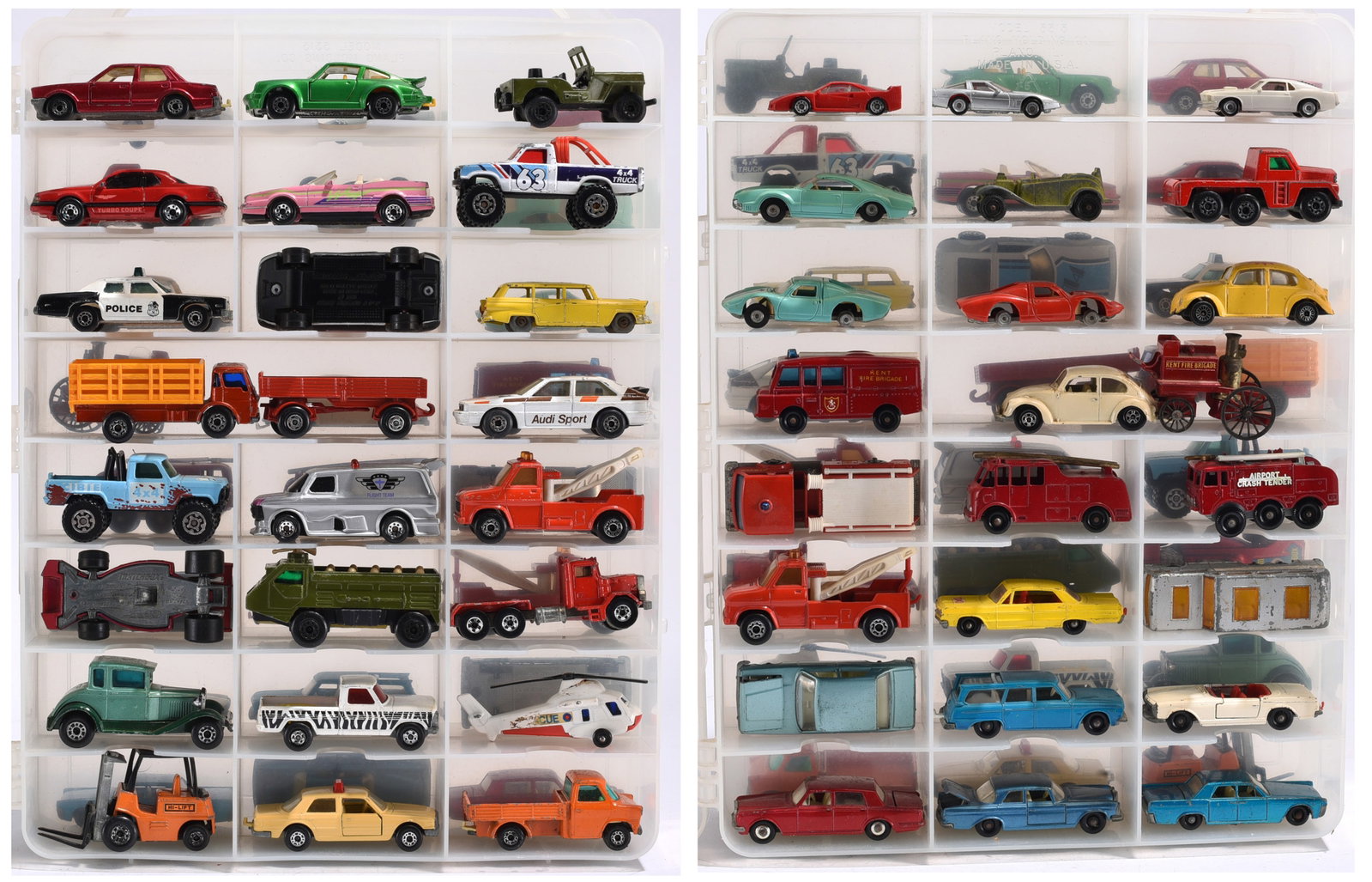 Mixed Matchbox, Corgi, and Promotional Die Cast Vehicle Collection in Display Case: Group of 40 pluss die cast and plastic toy vehicles housed in a compartment storage case. Includes examples by Matchbox, Corgi Juniors, Husky, and promotional issues featuring Land Rover SUVs, militar