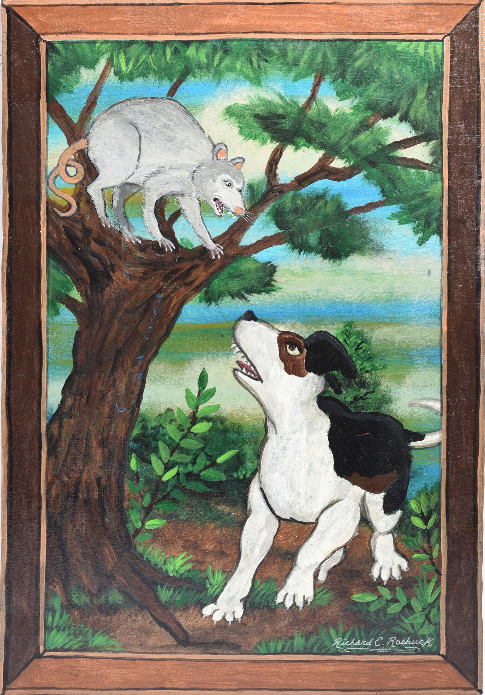 Richard Roebuck Folk Painting: paint on wood board. Richard Roebuck is a self taught artist from Georgia. African American. Richards mother was also a painter. 16"x24"