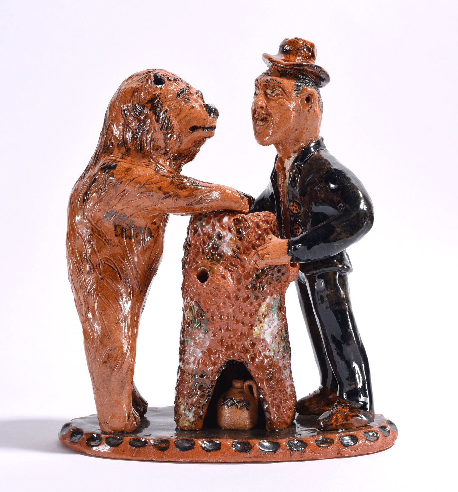 Billy Ray Hussey Pottery Figural of Man and Bear: Billy Ray Hussey Pottery Figural of Thomas Chandler 6"x9"