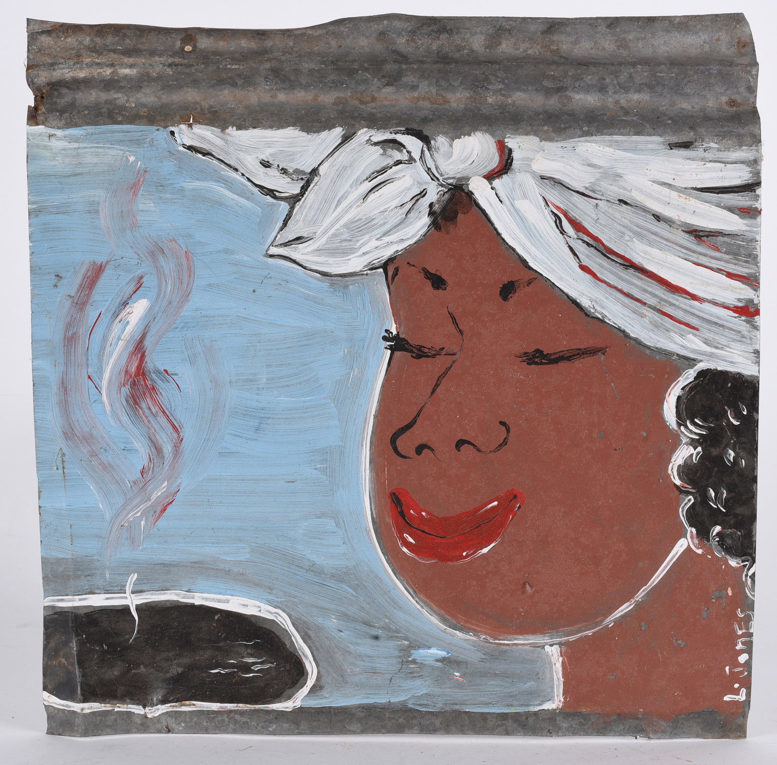 Leonard Jones Folk Art Painting on Tin 13"x13" (1 of 2)