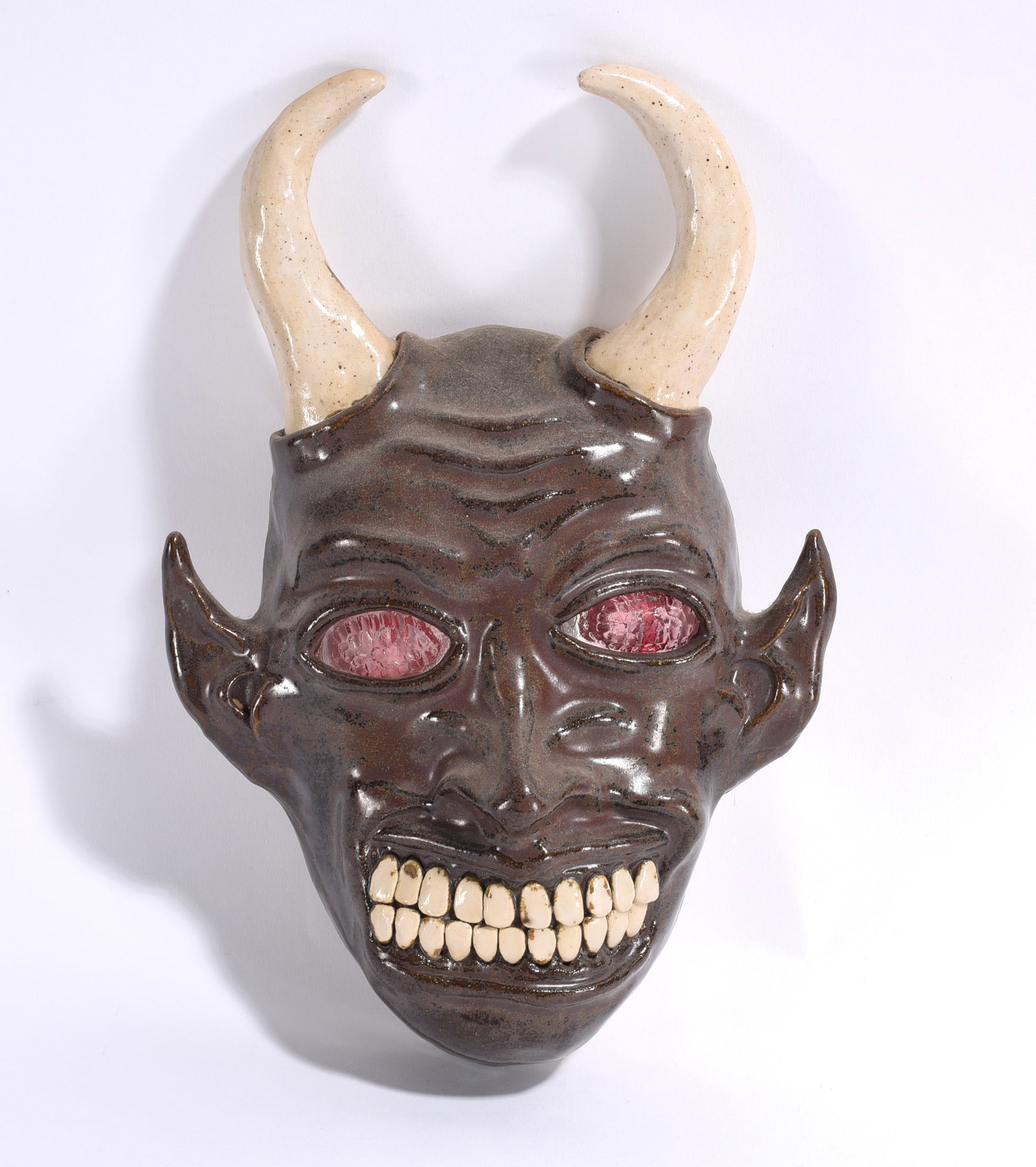 Stacy Lambert Folk Pottery Mask: folk pottery mask with horns, light up eyes. 10" x 2"