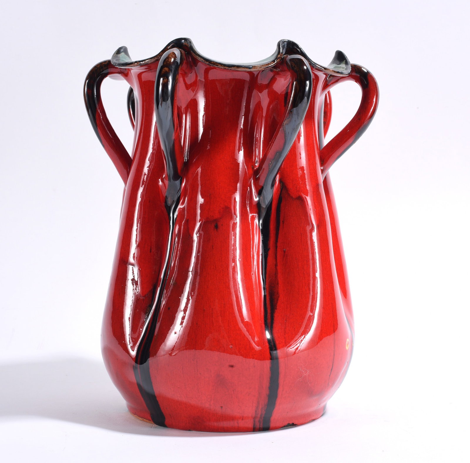 Billy Ray Hussey Pottery Vase: outstanding red glaze multy handle vase by Billy Ray Hussey. Signed. 10.5"