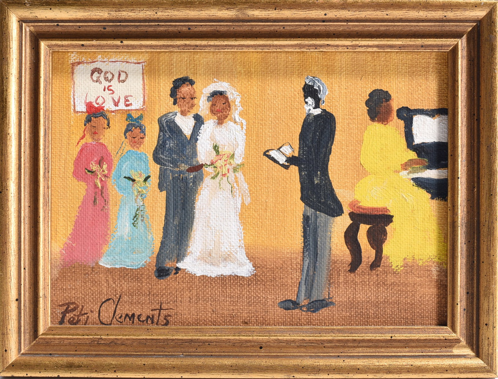 Peti Clements Folk Art Painting: paint on canvas board, signed lower left. 8" x 6"