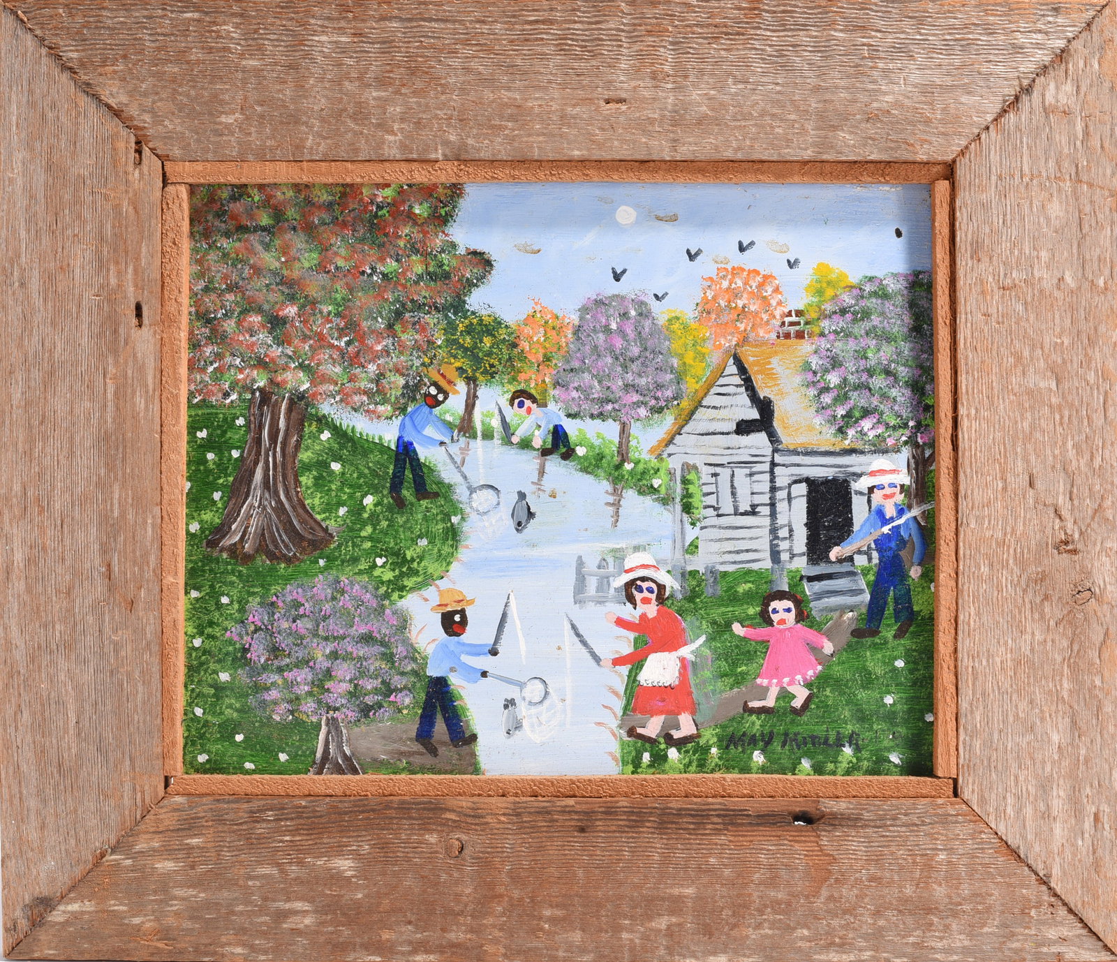 May Kugler Folk Art Painting: folk art painting by May Kugler. Signed and labled on back. 15" x 13"