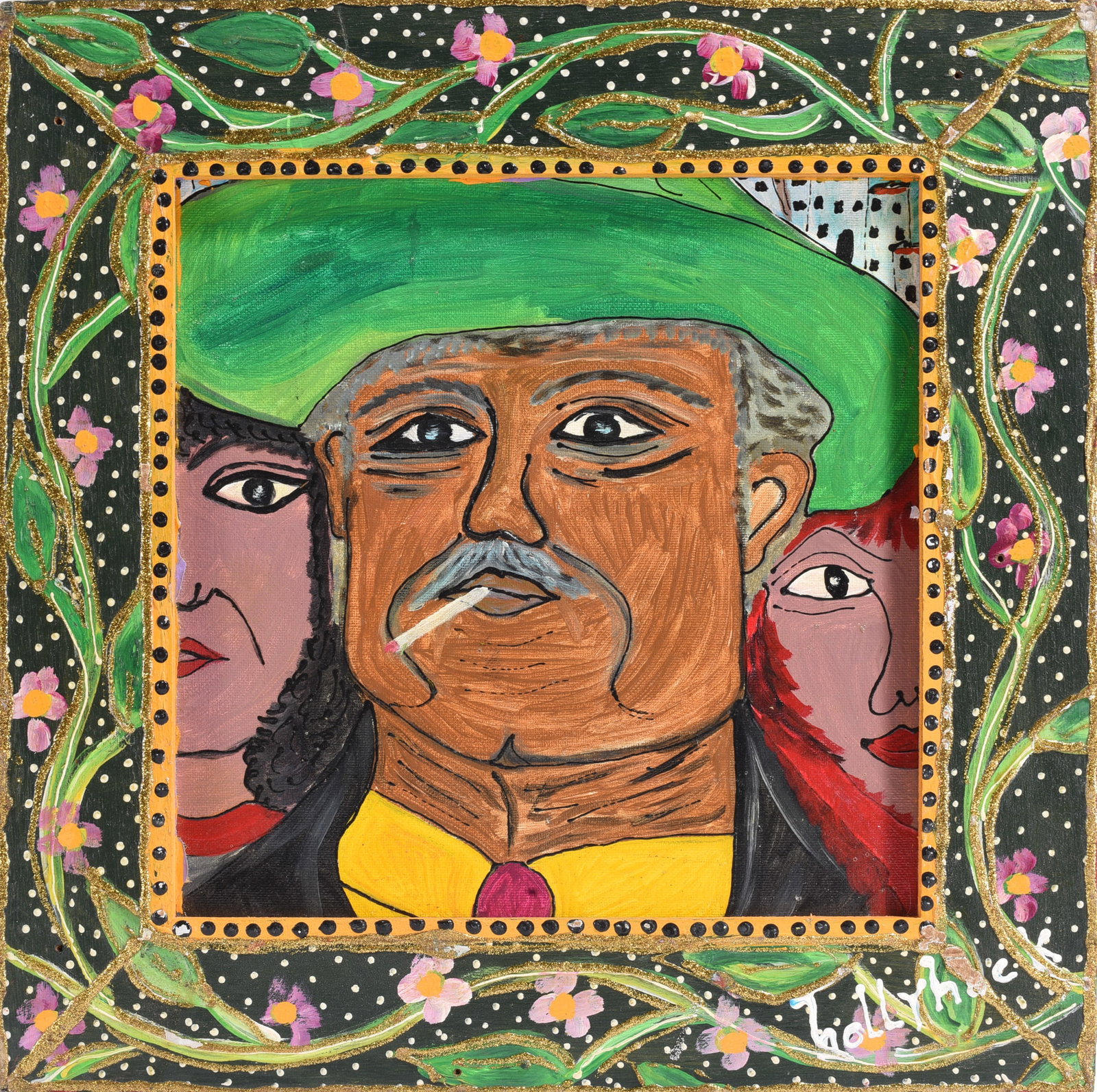 Folk Art Painting on Artist Board Signed Lower right: paint on artist board. Signed lower right. Titled on back "a very important man" 15" x 16"