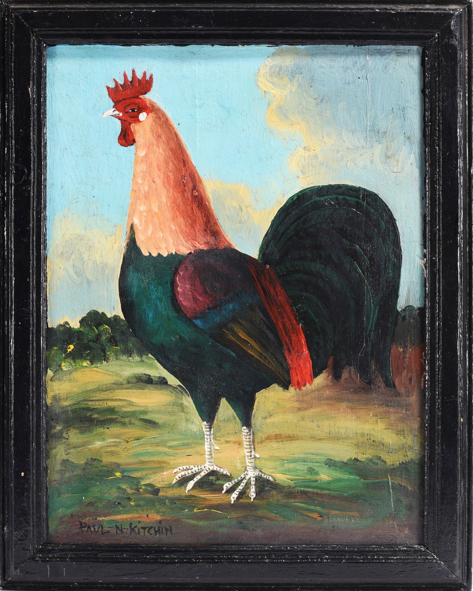 Paul N. Kitchin Folk Art Rooster Painting: Paint on wood, framed. Signed. 13" x 16"