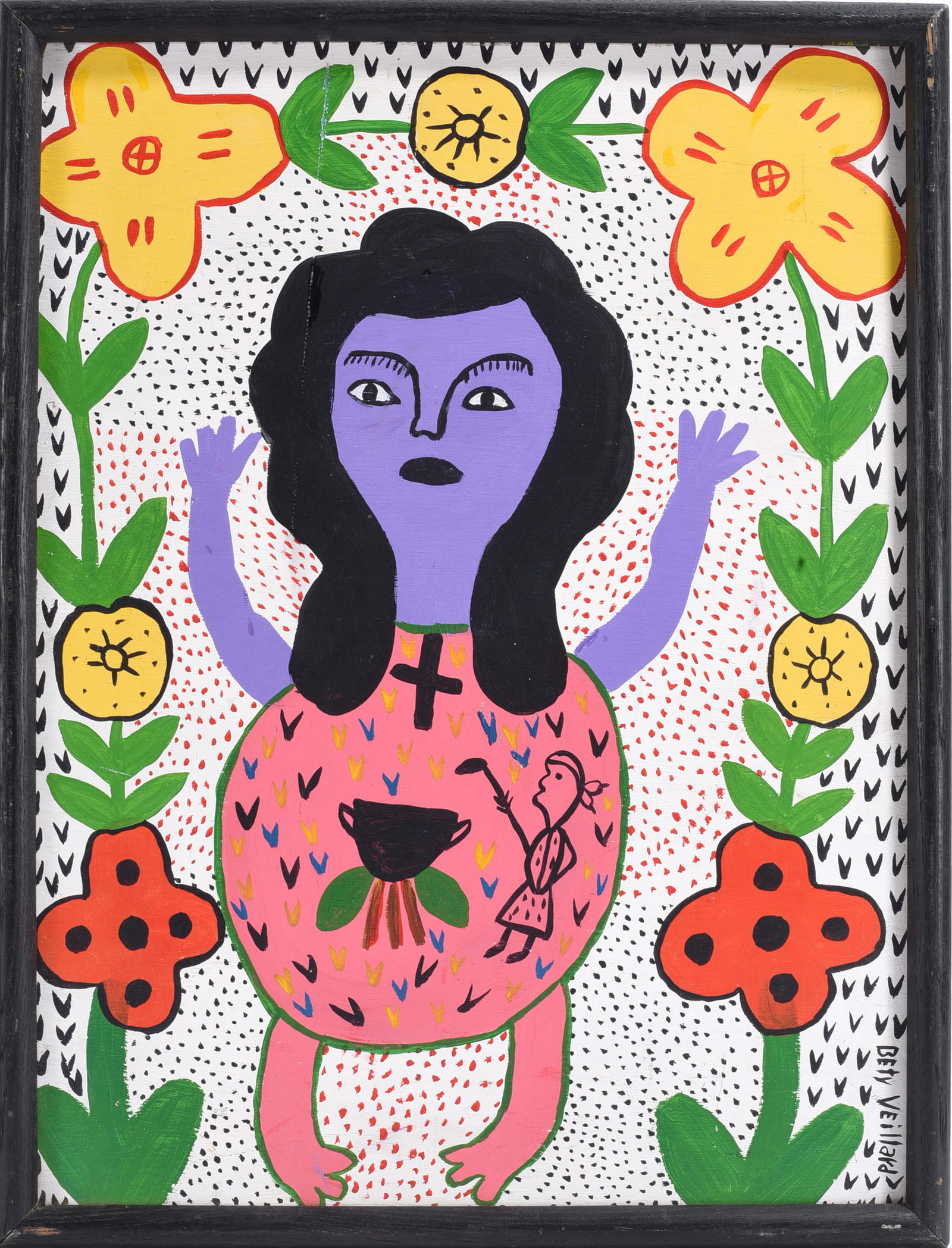 Bety Veillard Folk Art Painting: paint on cardboard, framed. 13" x 17"