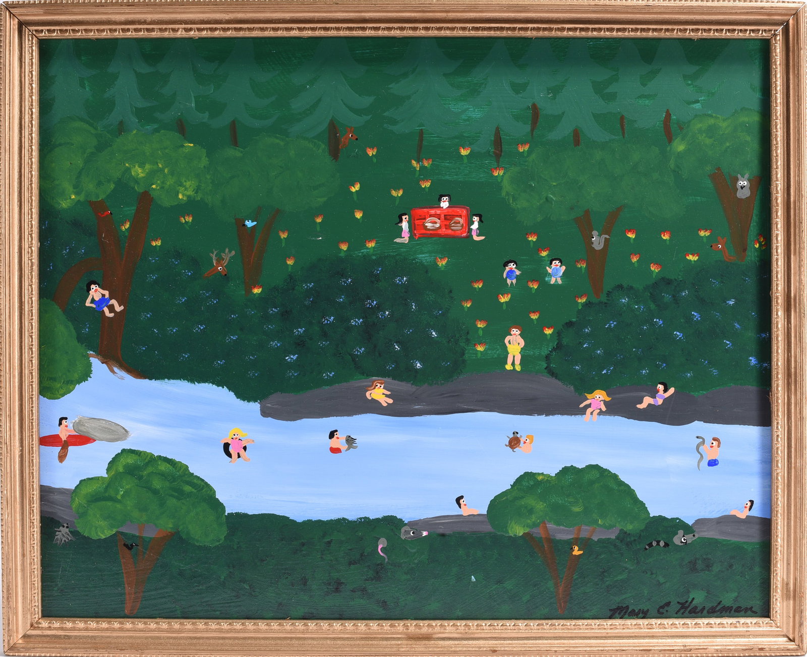 Mary E Hardman Folk Art Painting: paint on masonite board. Signed. 21" x 18"