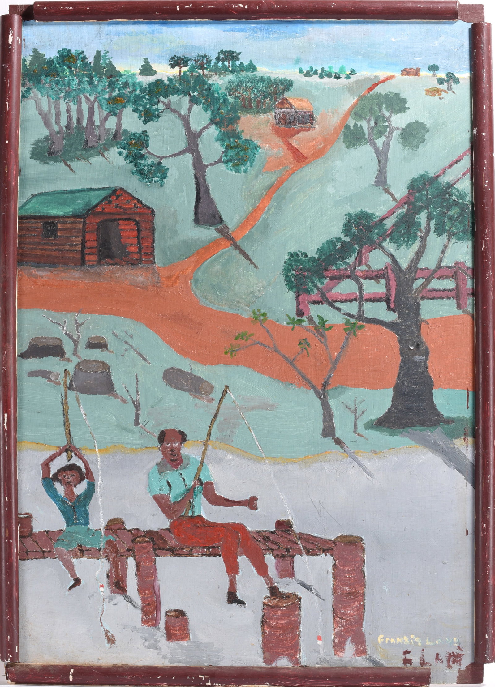 Frankie Lane Folk Art Painting: paint on wood panel board, signed lower right. 18" x 26"