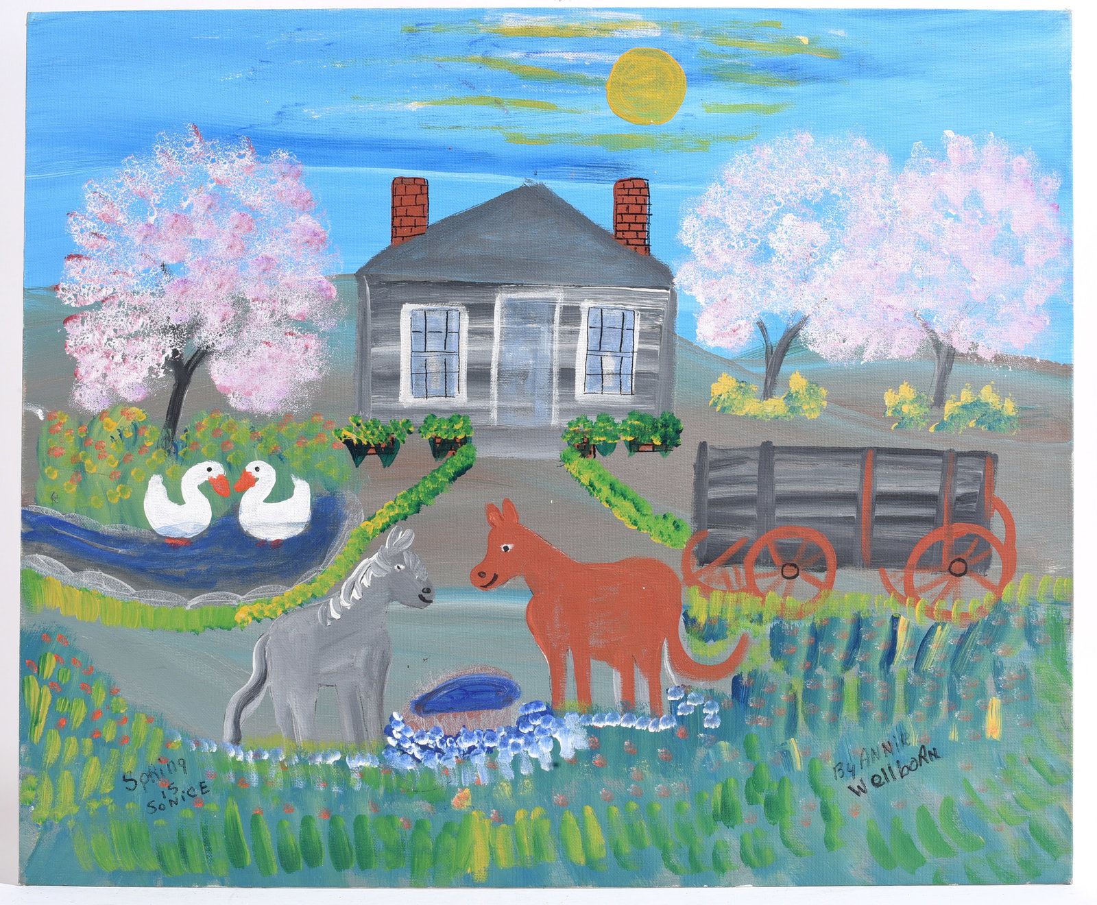 Annie Wellborn Folk Art Painting: paint on artist board, signed lower right. 24" x 20"