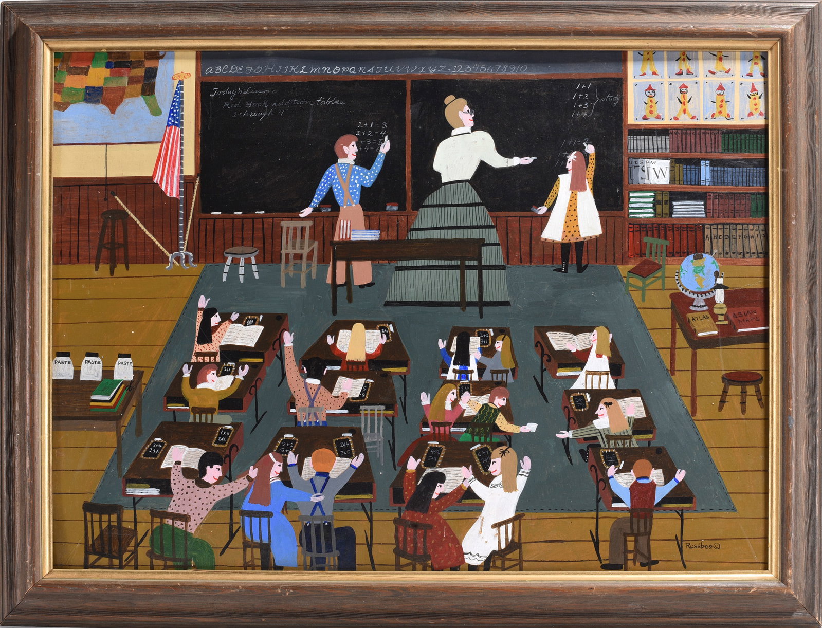 Rosebee Folk Art Painting: paint on canvas, signed lower right. Framed. 28" x 22"