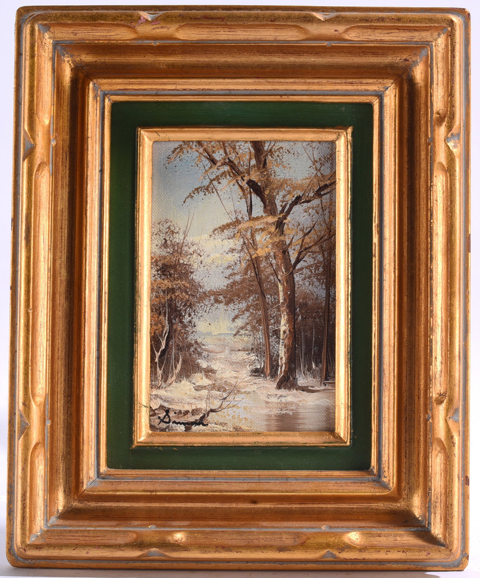 Snowy Forest Scene Painting - signed Simon: 9"x11" paint on board - signed lower left