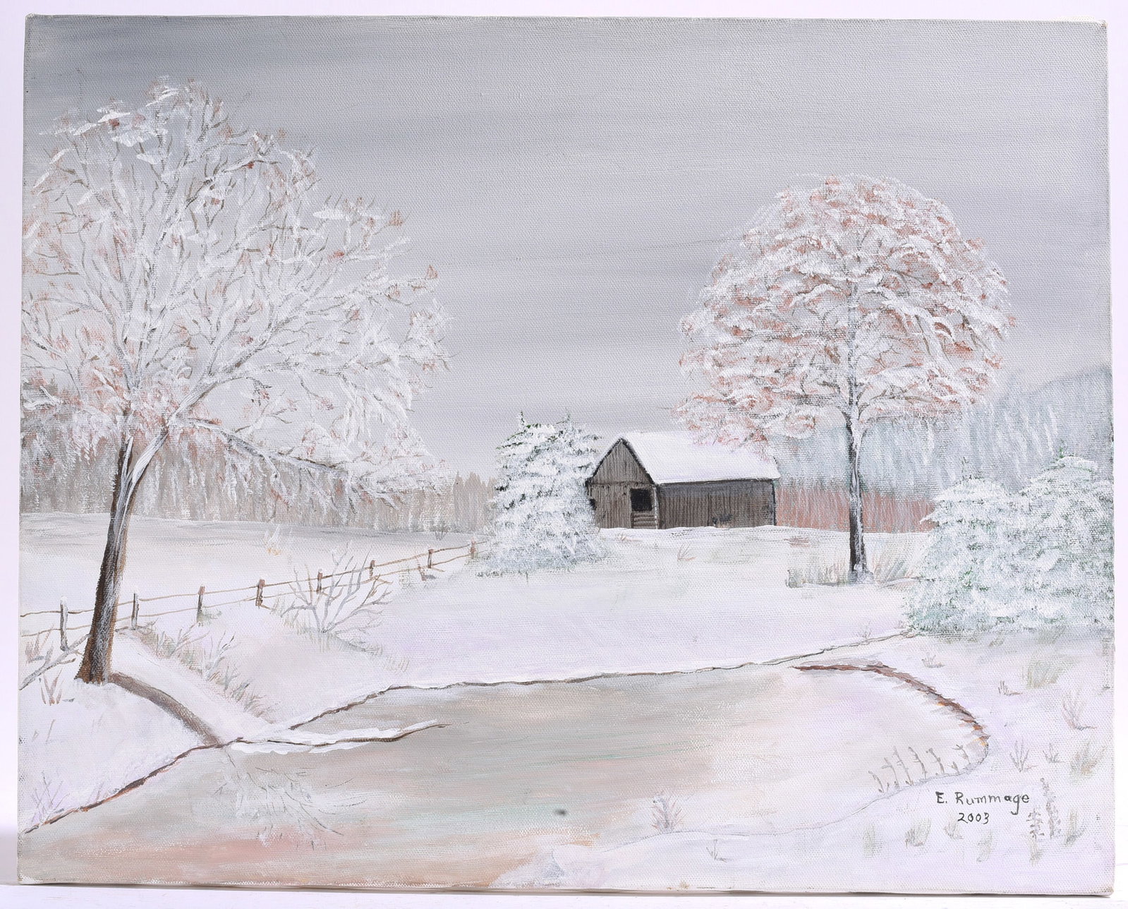 2003 E. Rummage snowy farmhouse countryside acrylic artwork: 20"x16" paint on canvas - signed lower right