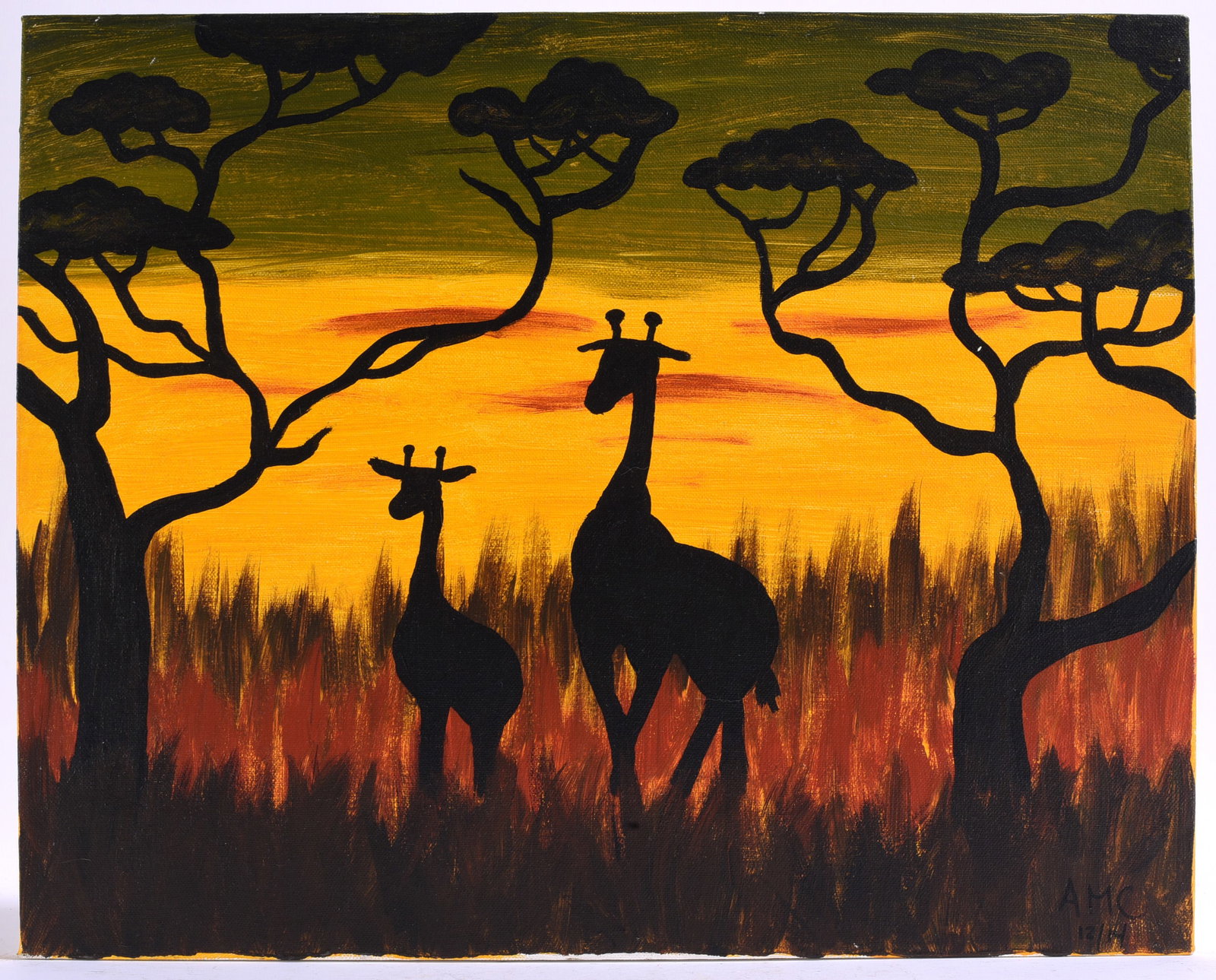 African silhouette Painting sunset jungle safari Giraffes- signed AMC: 20"x16" paint on canvas - signed lower right