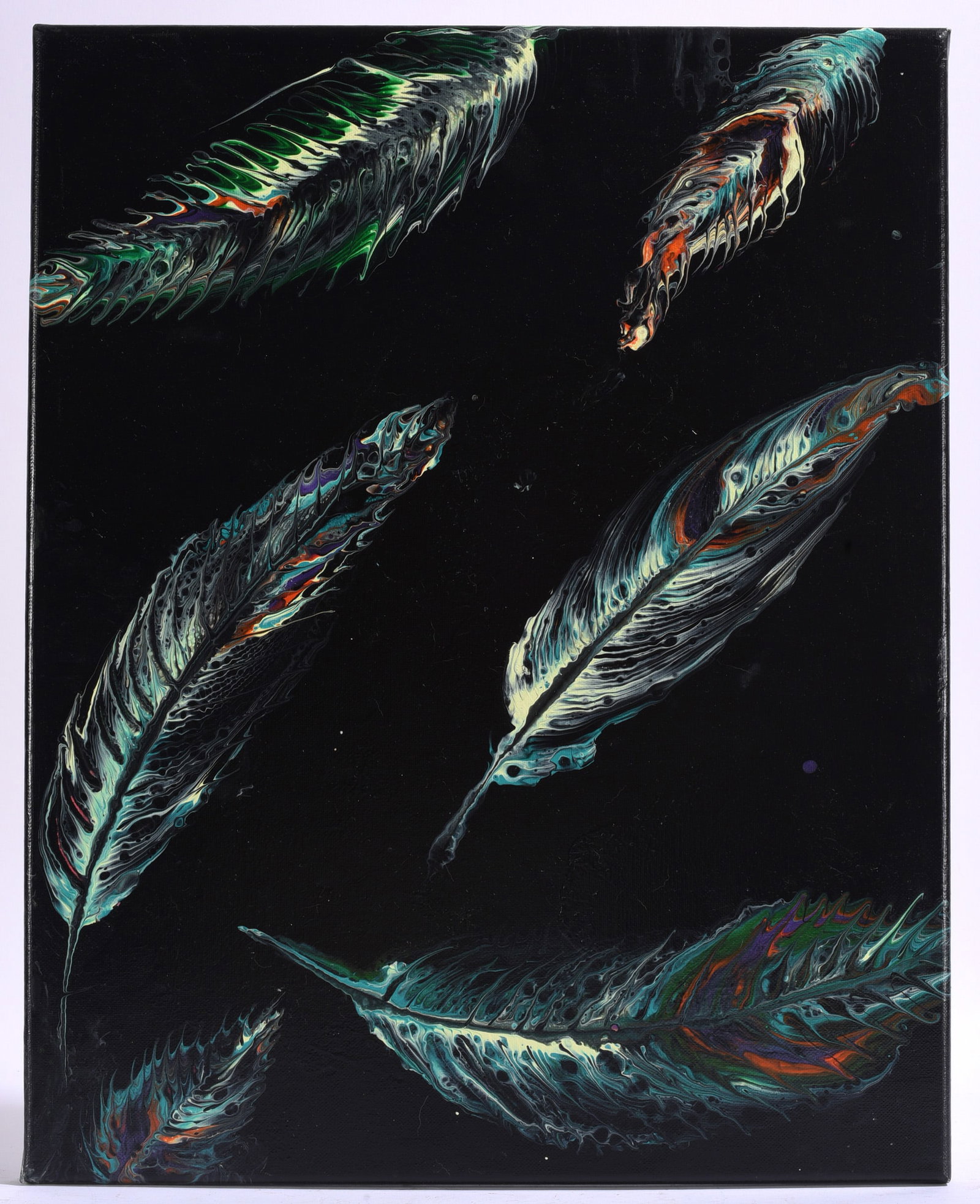 Iridescent acrylic-pour style black and glow feathers: 16"x20" paint on canvas