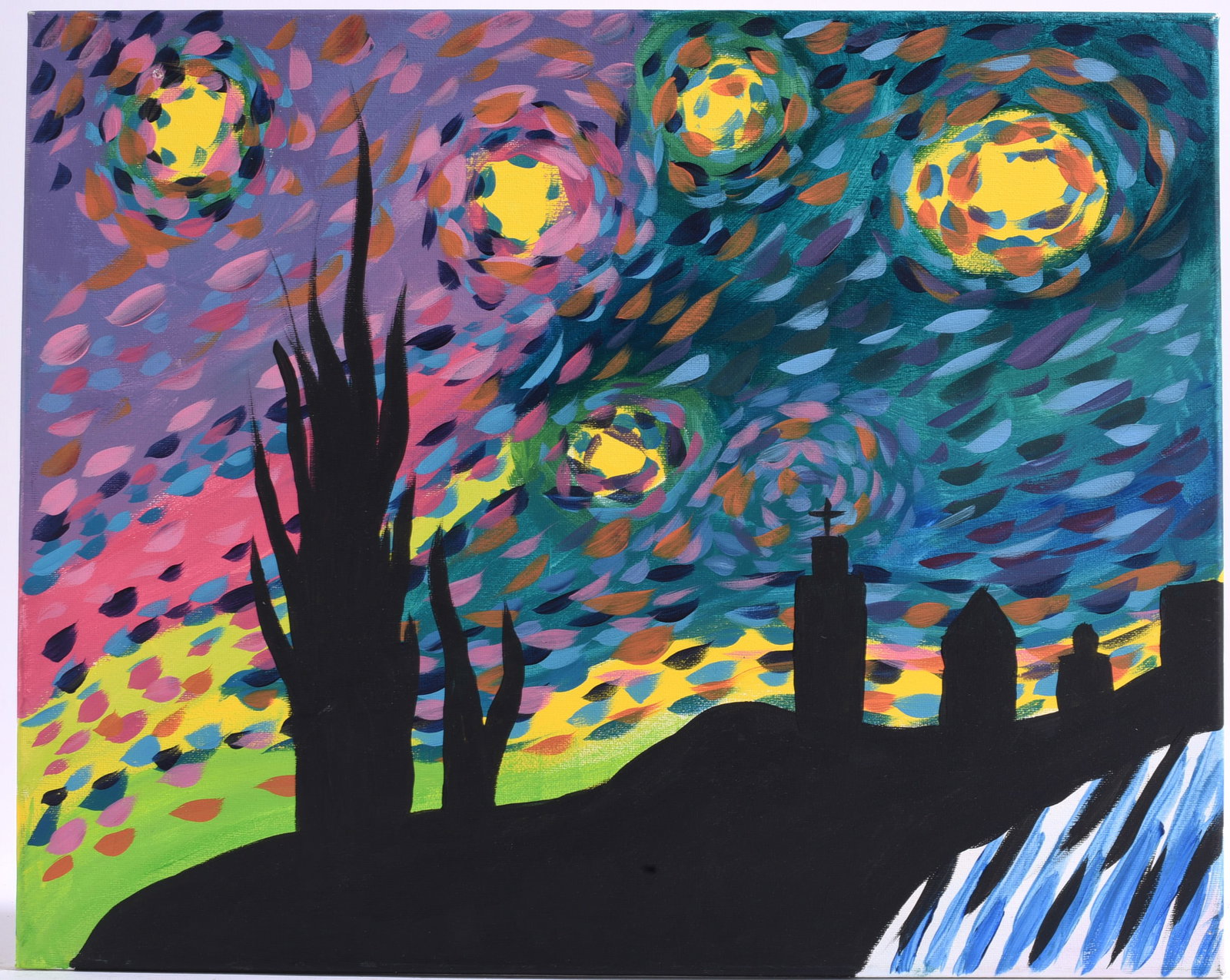 Vibrant Starry Night interpretation glow color painting: 20"x16" paint on canvas