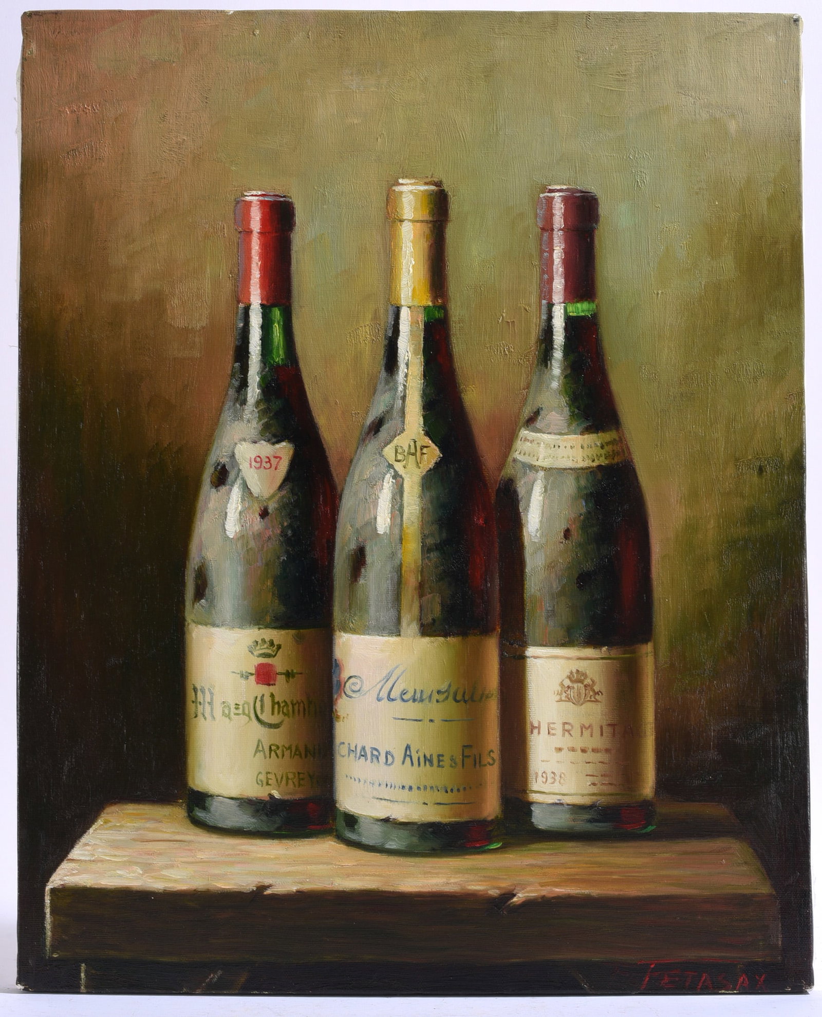 Traditional Dutch-masters technique Wine bottle painting - signed Tetasax: 16"x20" paint on canvas - signed lower right