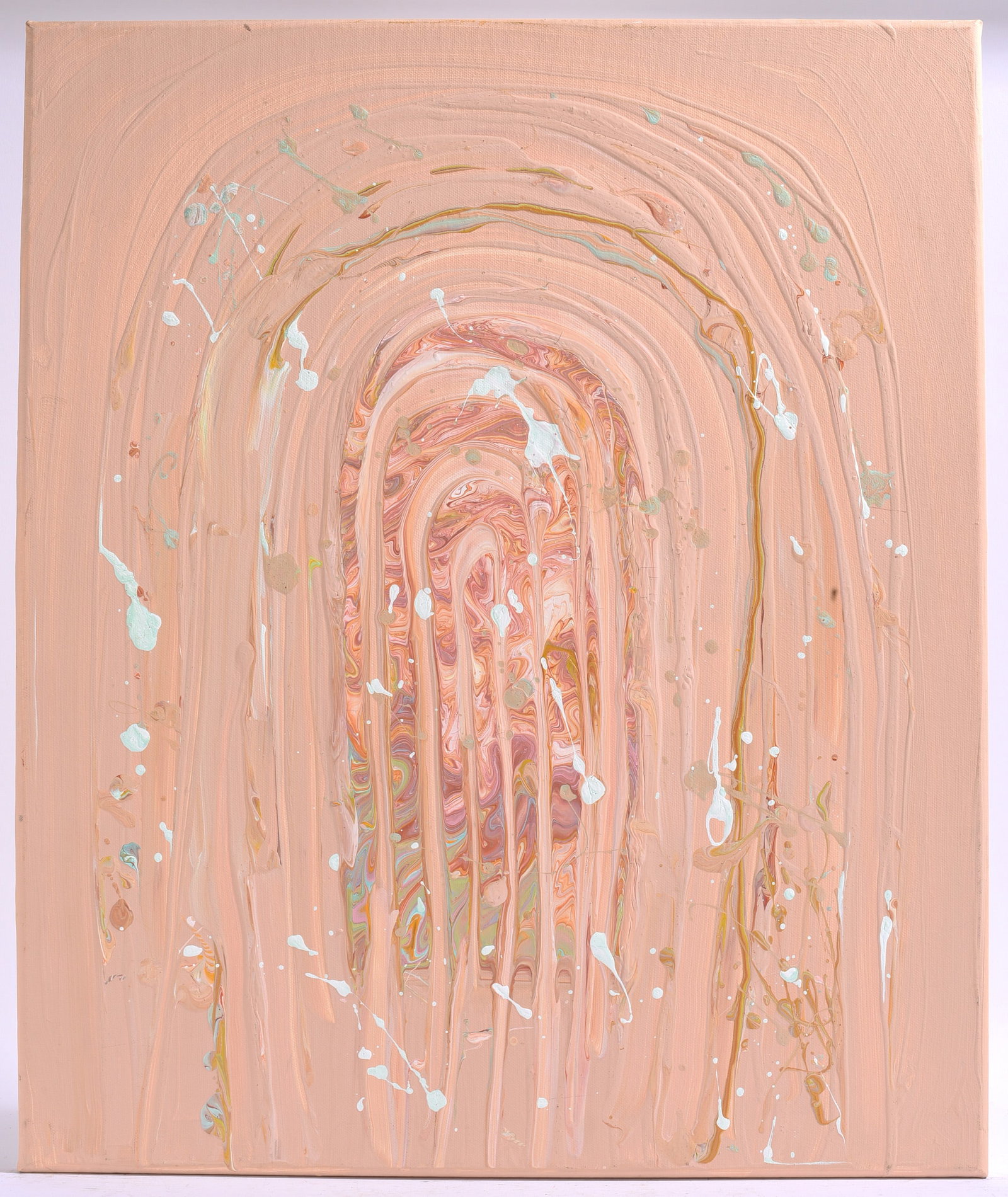 Light cream pink abstract multi-layer arch splatter painting: 20"x24" paint on canvas