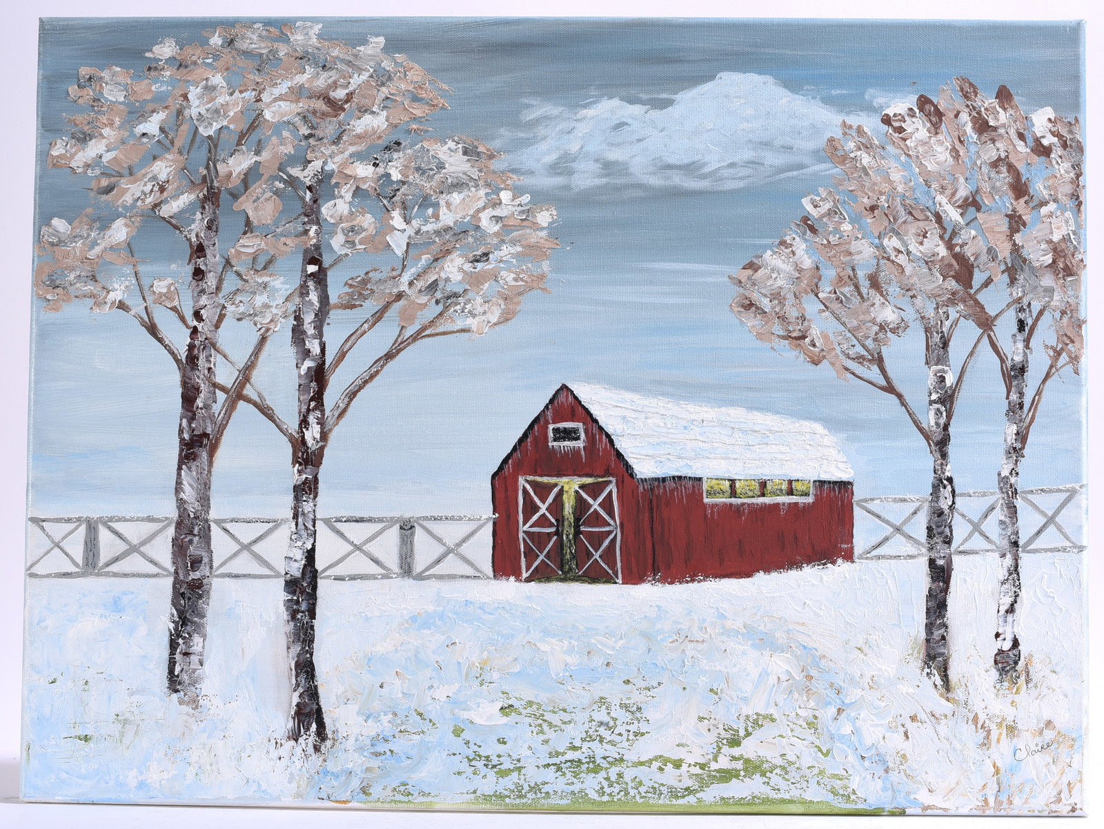 Snowy season landscape acrylic Snowy red Barn painting- signed Claire: 24"x18" paint on canvas - signed lower right