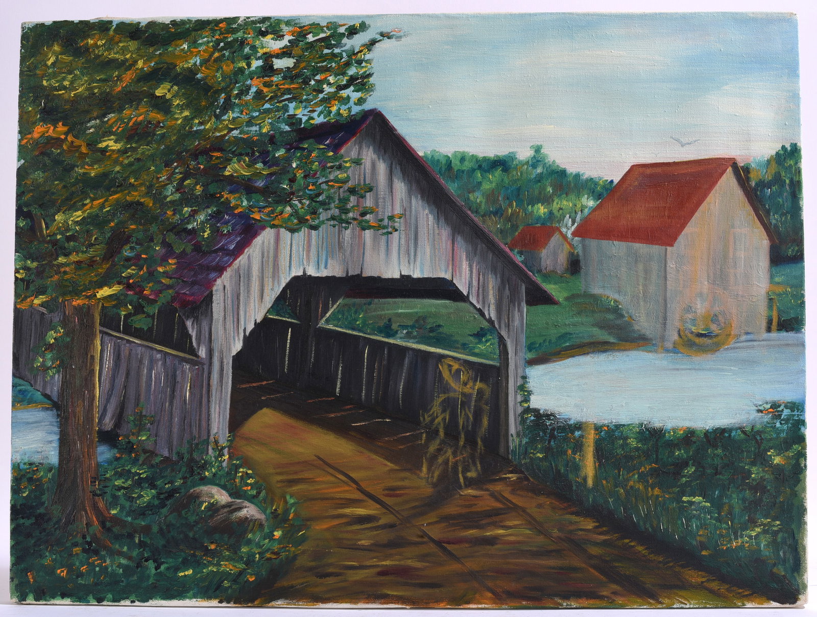 Barns on the river scene colorful acrylic landscape art painting: 24"x18" paint on canvas