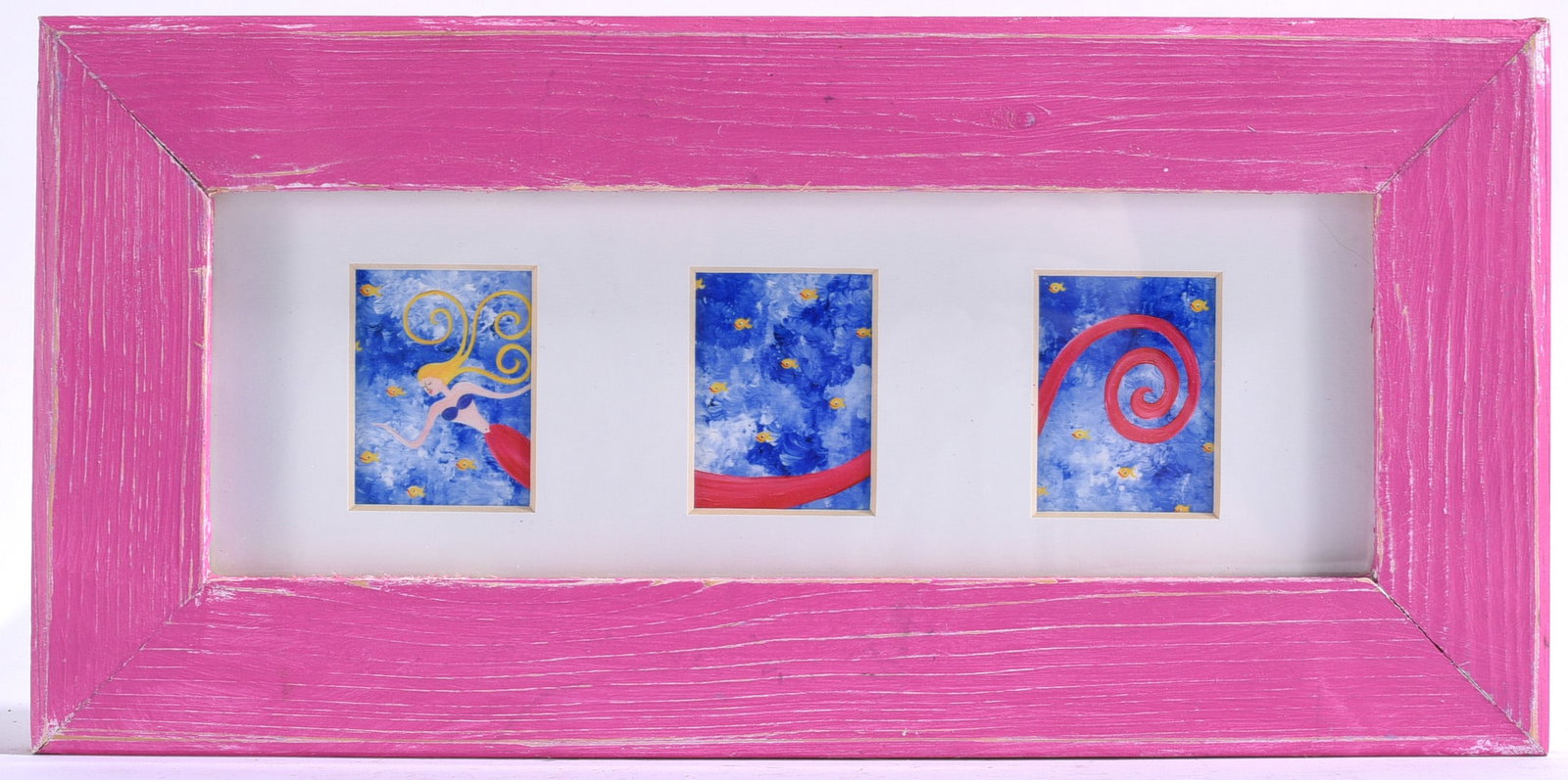 Wood frame three panel whimsical Mermaid depiction art: 12"x6" framed print