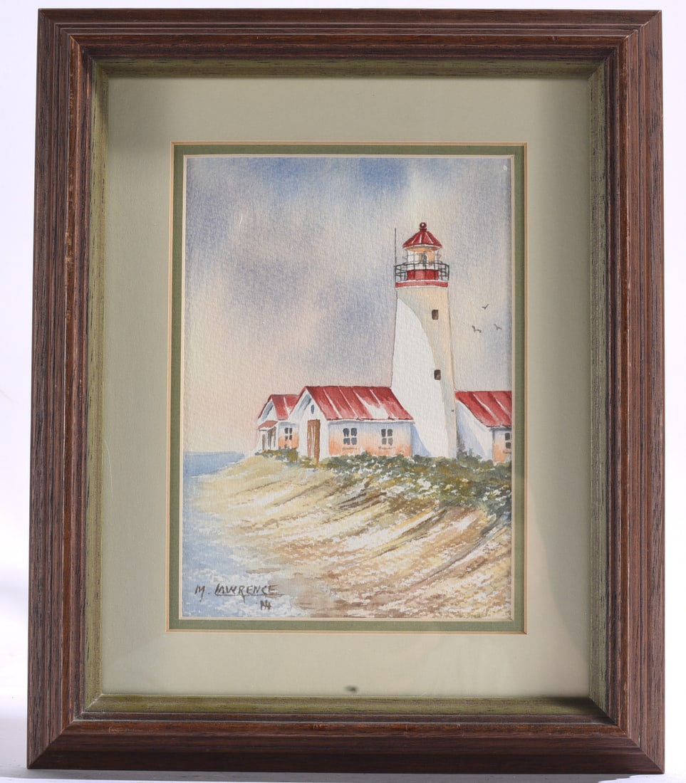 Vintage M Lawrence lighthouse by the sea- ocean overlook painting: 9.5"x11" Vintage M Lawrence lighthouse by the sea- ocean overlook painting