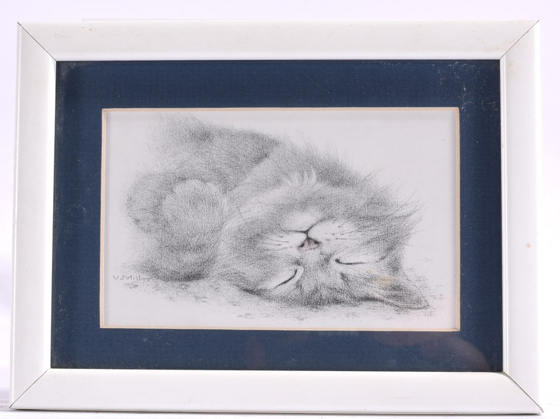 Framed vintage Virginia Miller kitten sleeping pencil sketch art print: 8"x6" Framed vintage Virginia Miller kitten sleeping pencil sketch art print