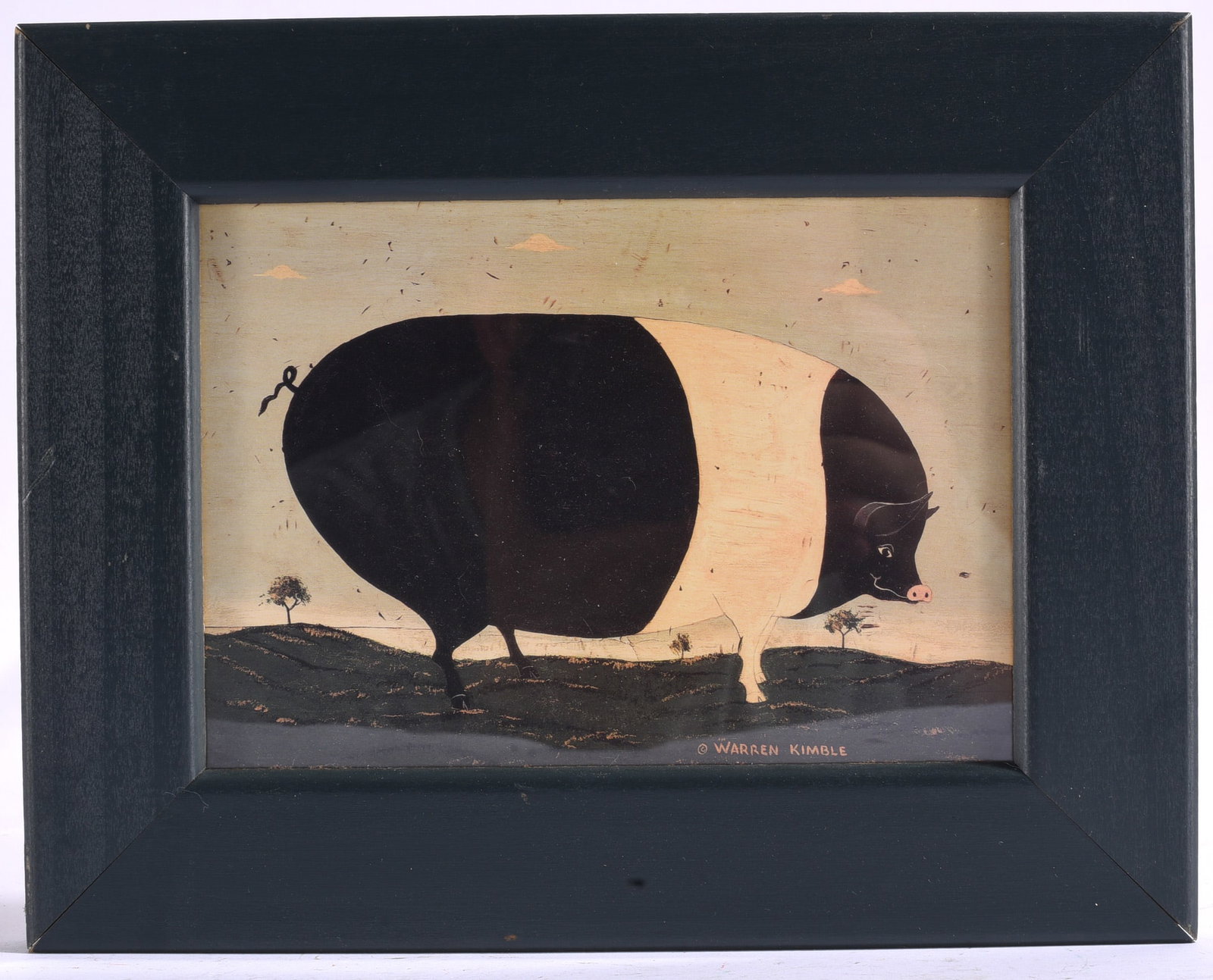 Framed Folk Art vintage Warren Kimble large black and white Pig print (1 of 2)