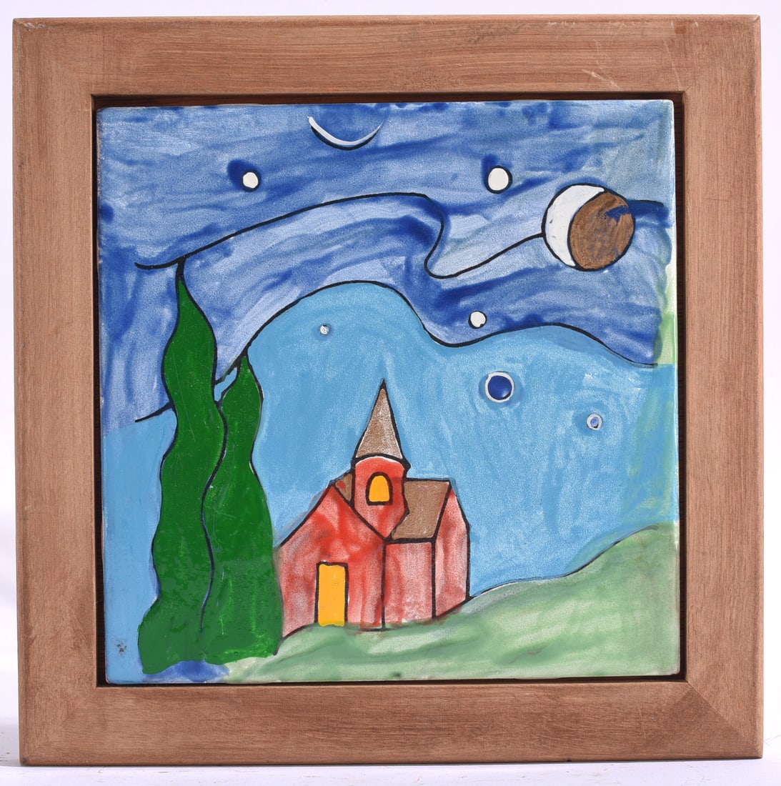 Painted tile Framed stylized red church starry night depiction: 8"x8"Framed stylized red church starry night depiction