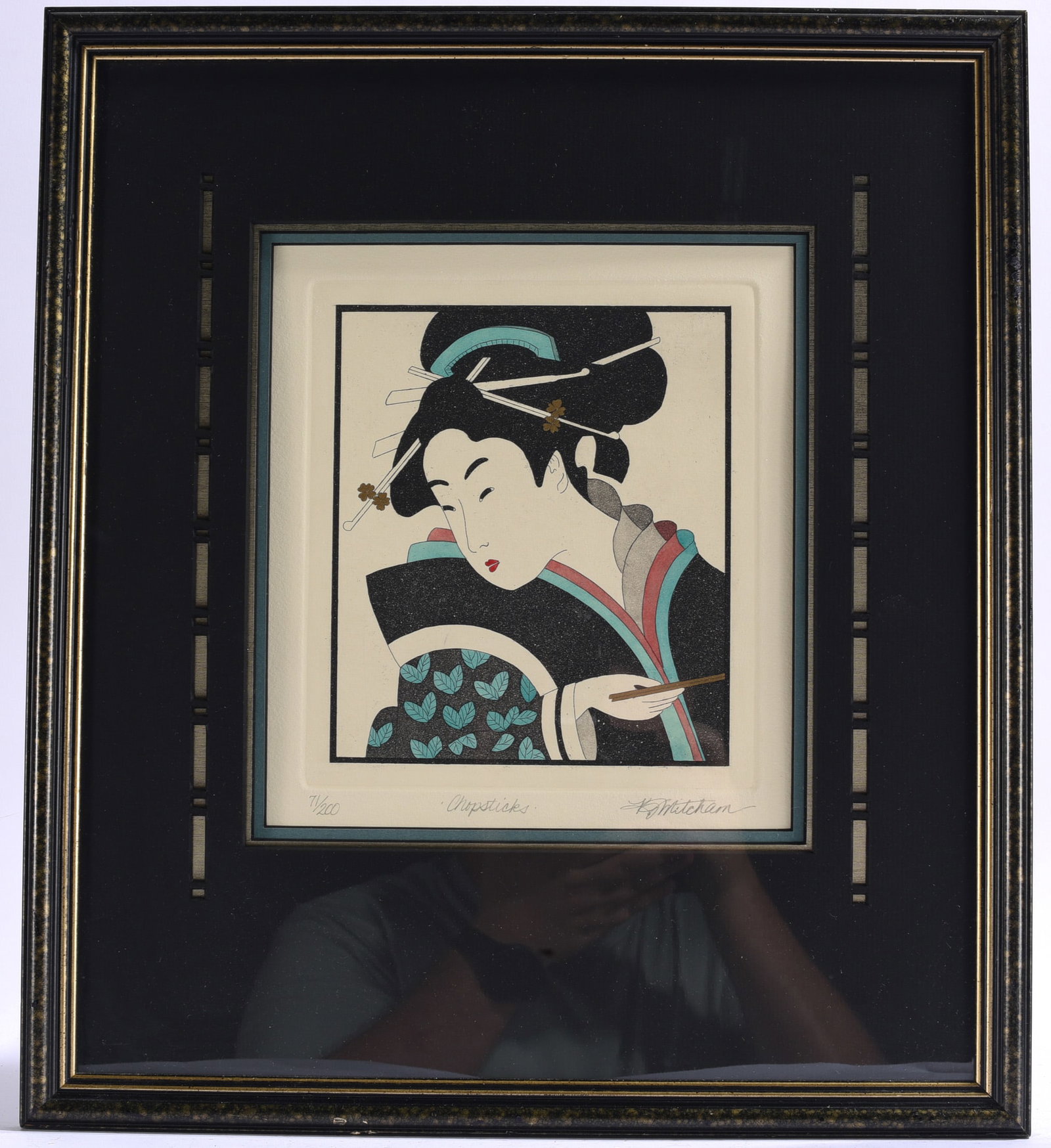 "Chopsticks" Signed Japanese Portrait Print: 15"x17" Signed limited edition print titled "Chopsticks" portraying a traditional Japanese woman with fan.