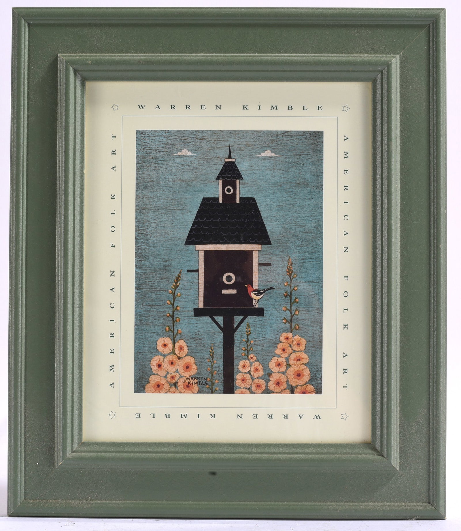 Warren Kimble American Folk Art Birdhouse Print: 12"x13" Framed Warren Kimble folk art print featuring a birdhouse with flowers and songbird.