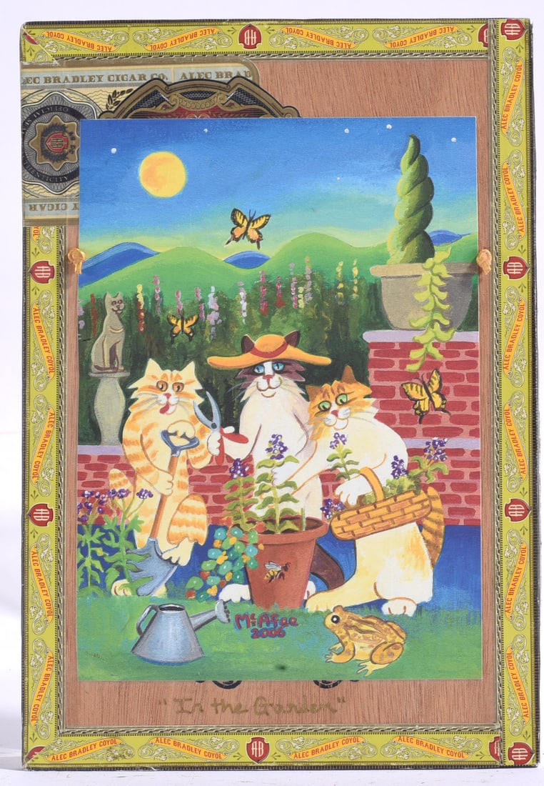Signed Elizabeth McAfee "In the Garden" Folk Art Cat Print on Cigar Box Lid: 6.5"x9.5" Whimsical folk art painting by M. Arce depicting cats gardening beneath a full moon.