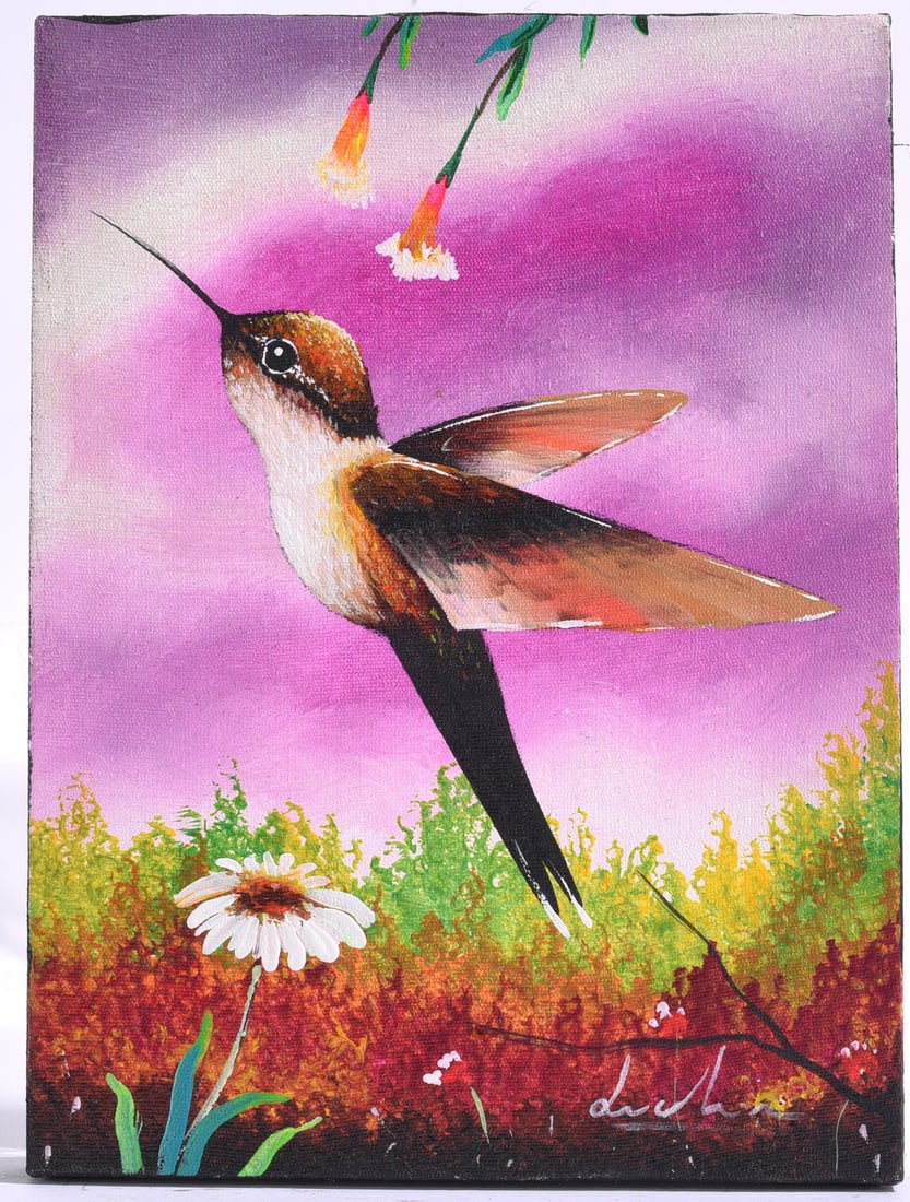 Hummingbird Floral Acrylic Painting: 6"x8" Original acrylic painting of a hummingbird hovering near blooming flowers against a vibrant purple sky.