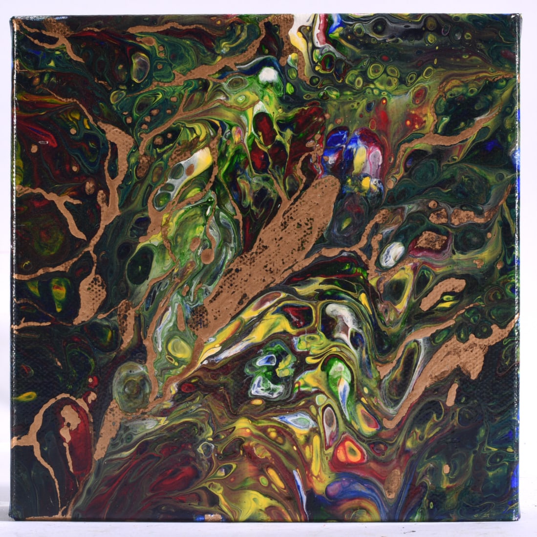 Contemporary Fluid Abstract Acrylic Painting: 6"x6" Original fluid acrylic abstract painting featuring swirling green, gold, blue, and crimson marbled forms.