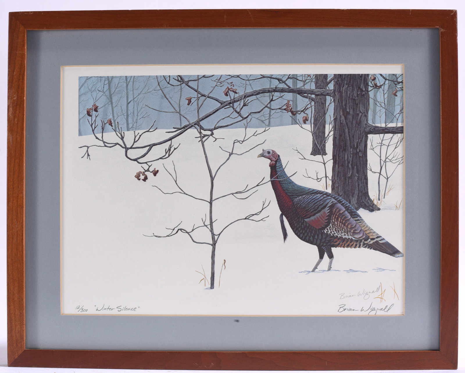 Pencil Signed Brian Wignall "Winter Silence" Wild Turkey Print: 15"x11" Framed signed and numbered wildlife print titled "Winter Silence" by Brian Wignall depicting a turkey in a snowy woodland.