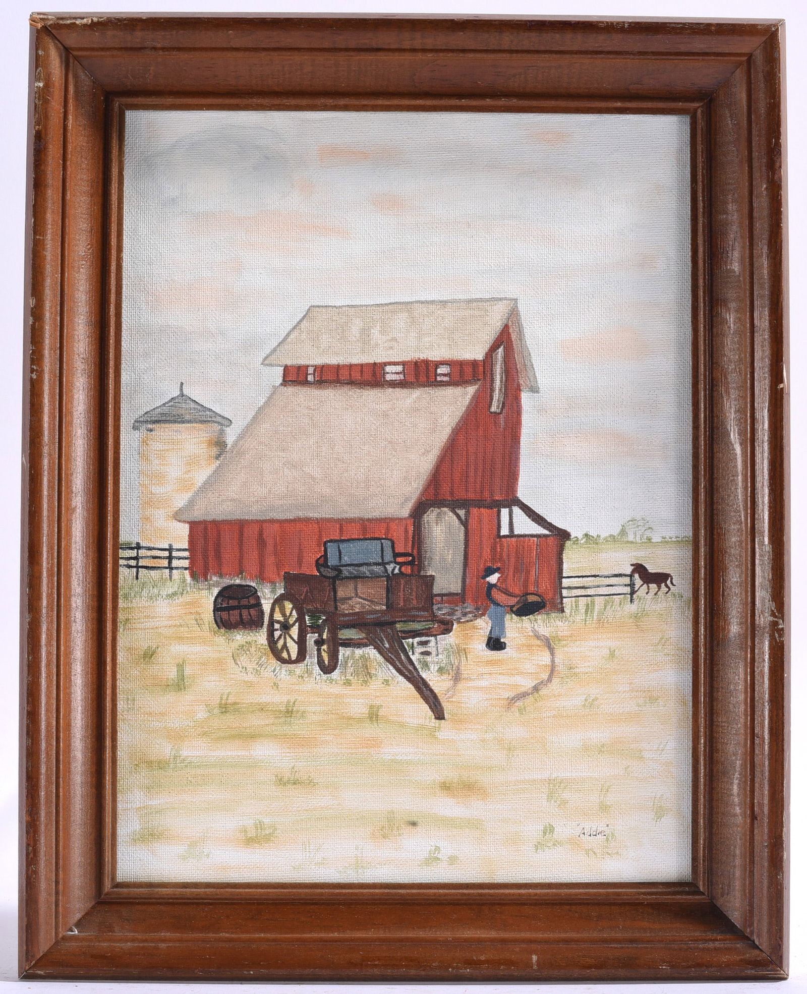 Folk Art Red Barn Landscape Painting Signed Addie: 11"x14" Original folk art style painting depicting a red barn, wagon, silo, and farmyard scene.