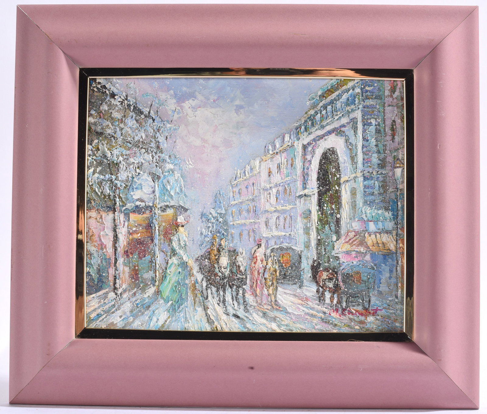 Signed Parisian Winter Street Scene Oil Painting: 14.5"x12.5" Original impasto oil painting depicting a snowy Paris street with horse-drawn carriage and figures.