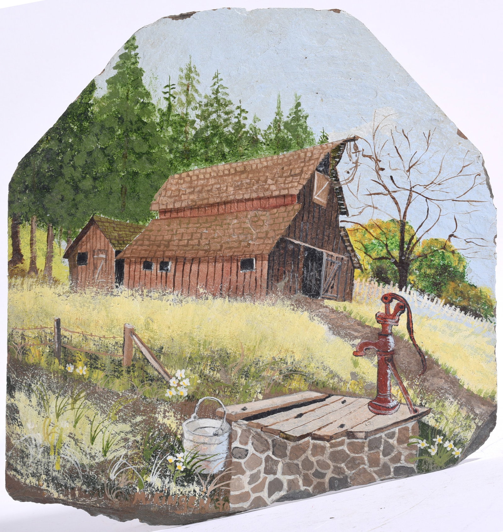 Hand Painted Rural Barn Landscape on Stone (1 of 2)