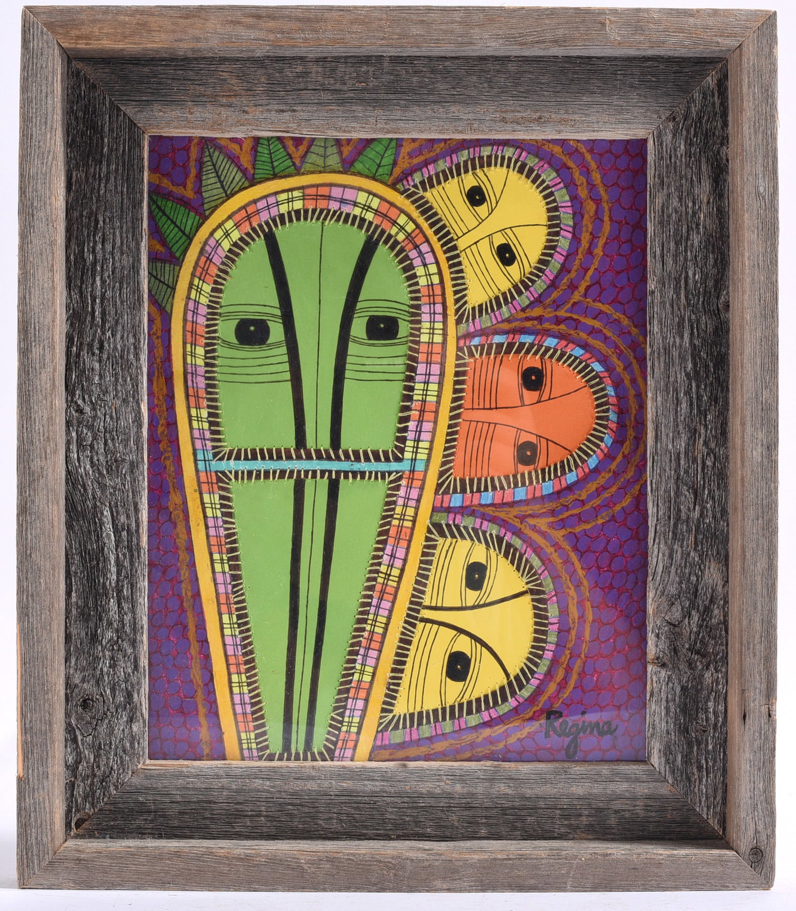 Signed Regina Colorful Abstract Mask Painting: 11"x13" Contemporary folk-inspired painting depicting a stylized green mask surrounded by colorful abstract faces and geometric patterns.
