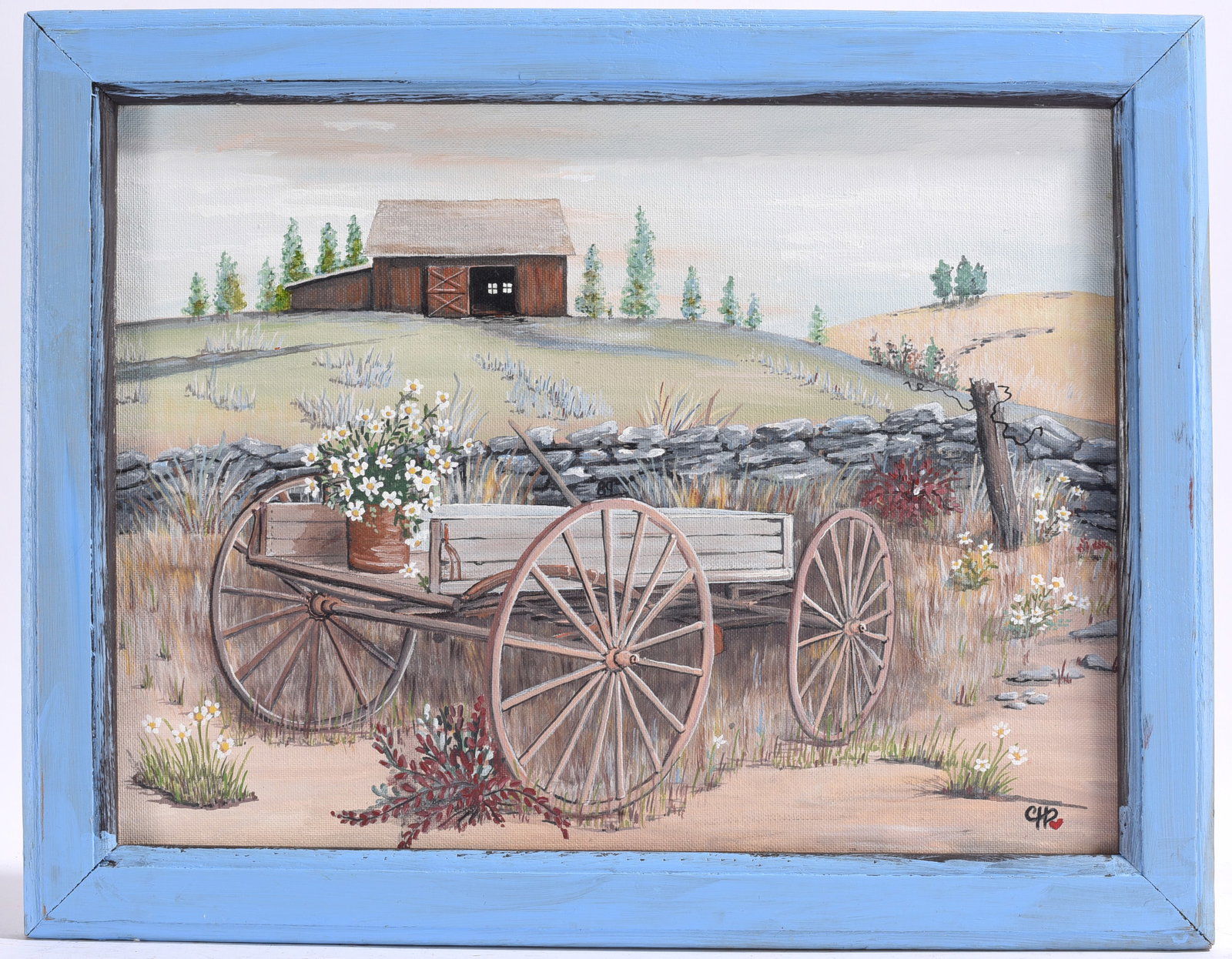 Rustic Farm Wagon Landscape Painting: 18"x14" Country landscape painting depicting a vintage farm wagon beside a stone fence and weathered barn in bloom.