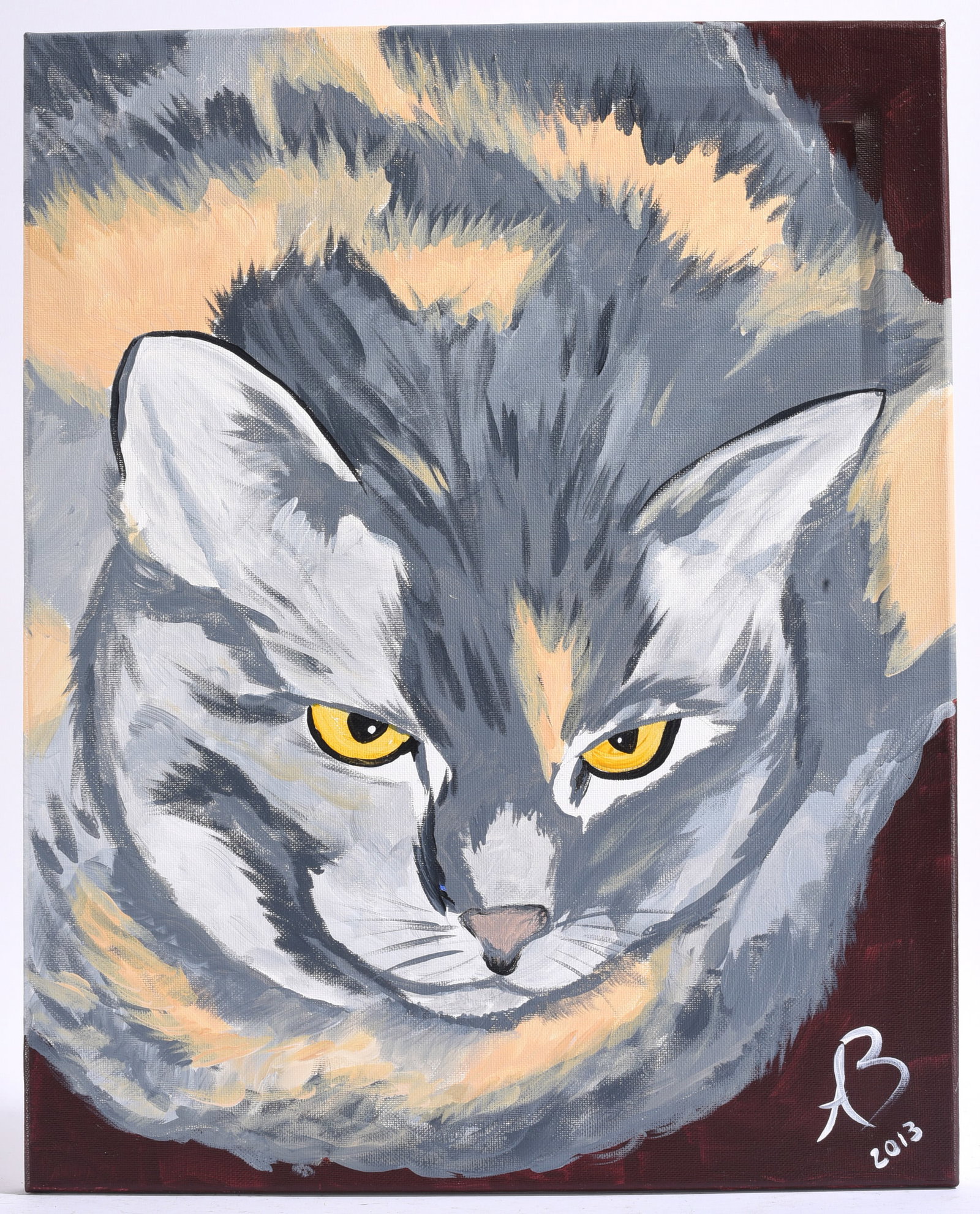 Gray Cat Portrait Oil Painting: 16" 20" signed lower right Original portrait painting of a gray cat with striking golden eyes rendered in expressive brushwork.