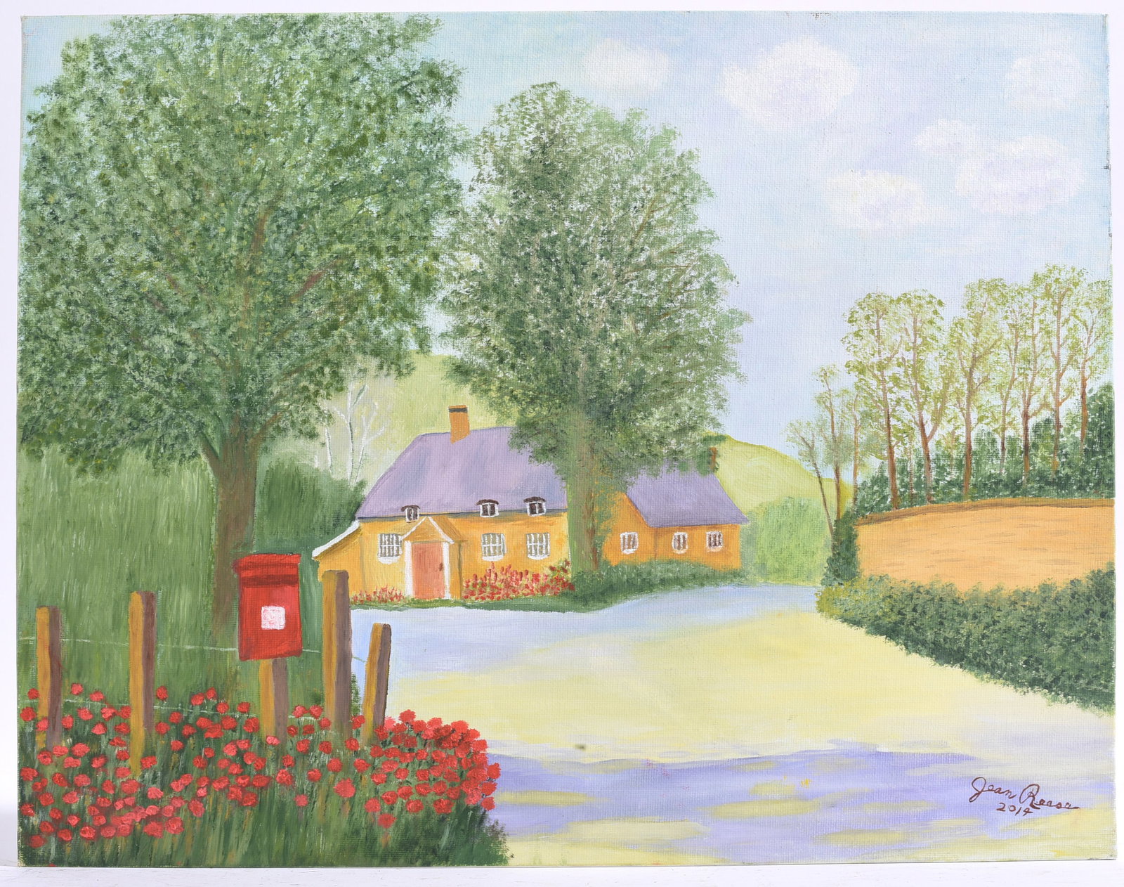 Jean Reese Country Cottage Landscape Oil Painting: 18"x14" paint on artist board Charming folk art painting of a yellow country home surrounded by flowering gardens and rolling farmland.