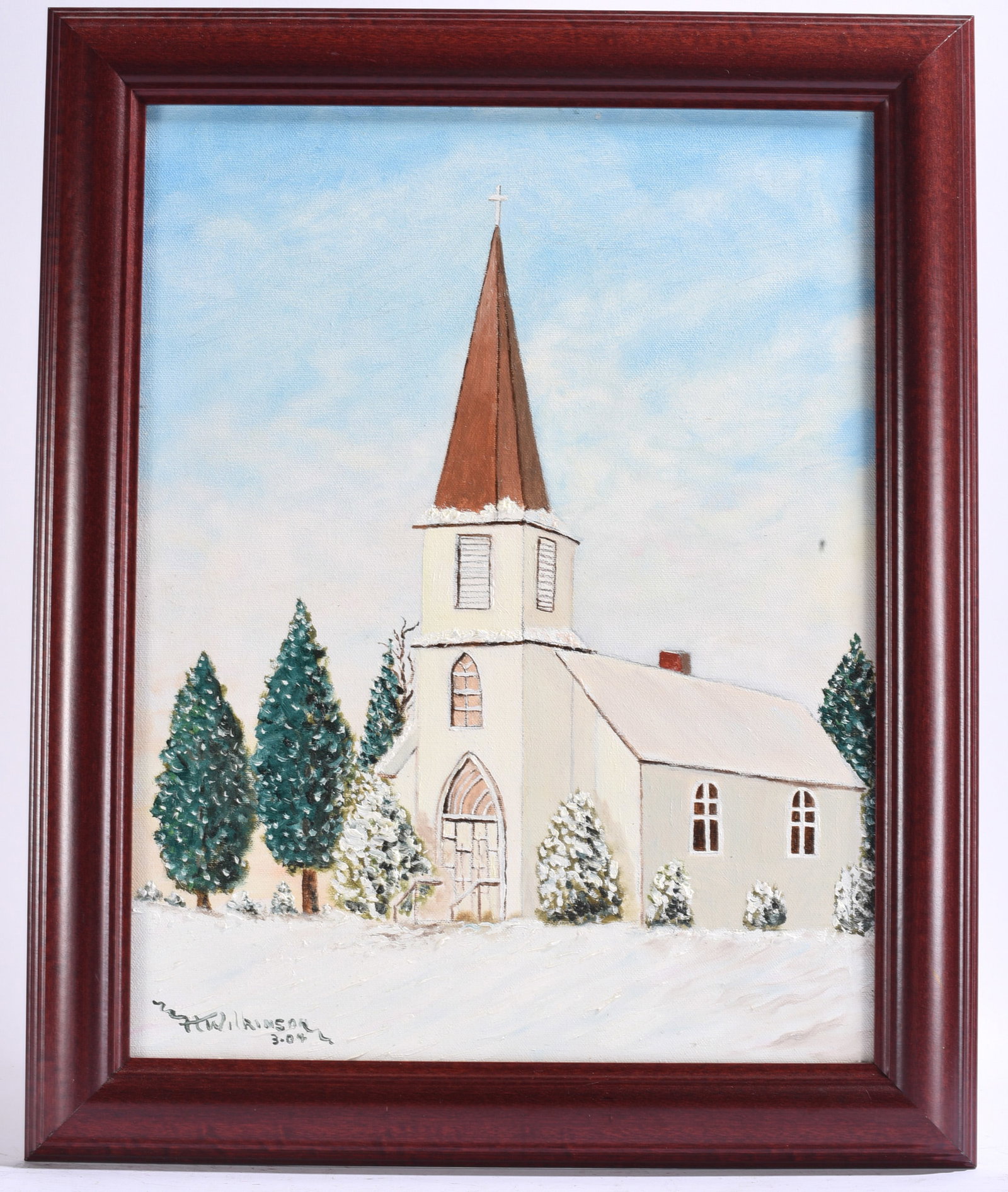 H. T. "Don" Wilkinson Winter Country Church Oil Painting: 17"x21" Winter landscape painting depicting a snow-covered country church framed by evergreens beneath a crisp blue sky.