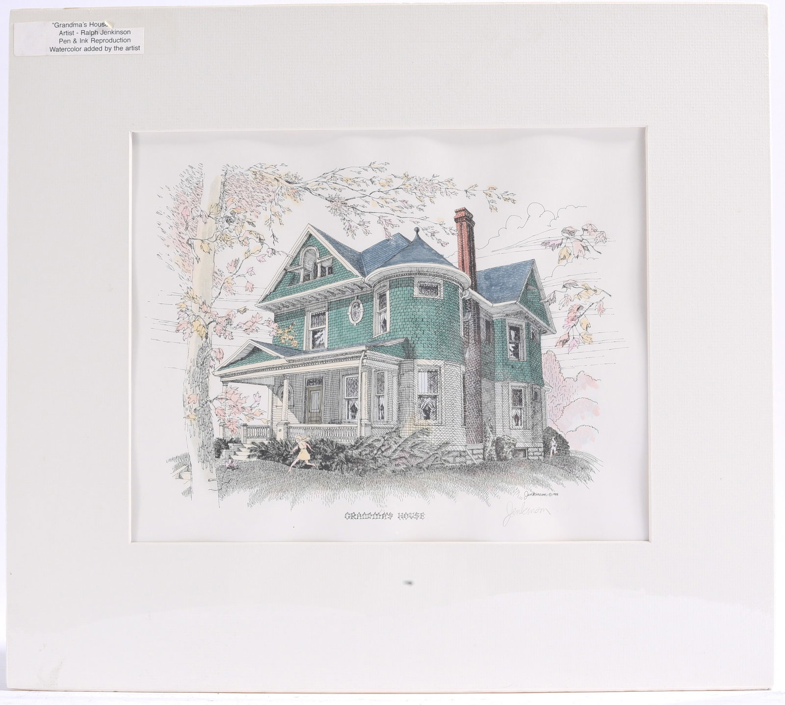Ralph Jenkinson "Grandma's House" Hand-Colored Print Pencil Signed: Sight 12.5"x10" Hand-colored pen and ink reproduction by Ralph Jenkinson depicting the Victorian residence titled Grandma's House.
