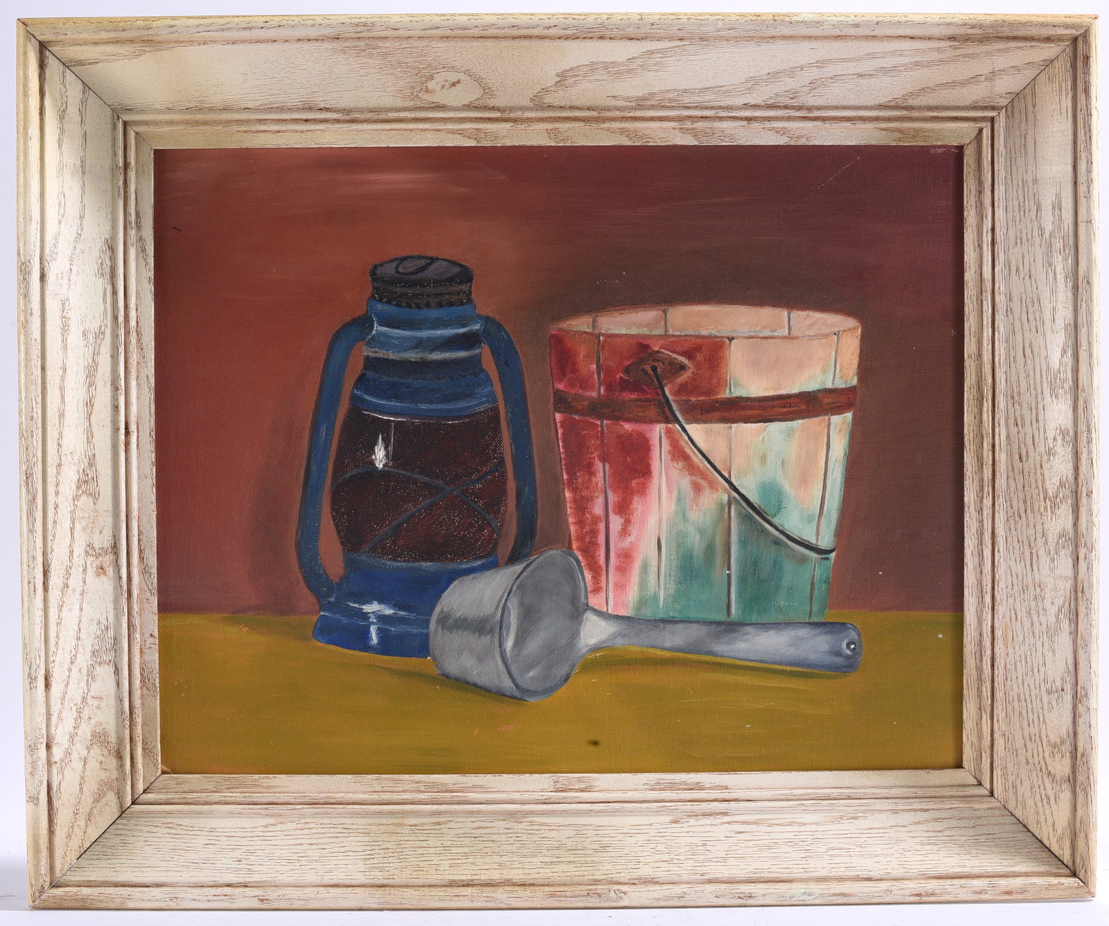 Rustic Lantern, Bucket and Dipper Still Life Dated 1965: 23"x19" paint by artist board, Rustic still life painting featuring a blue lantern, painted wooden bucket, and metal dipper on a tabletop.