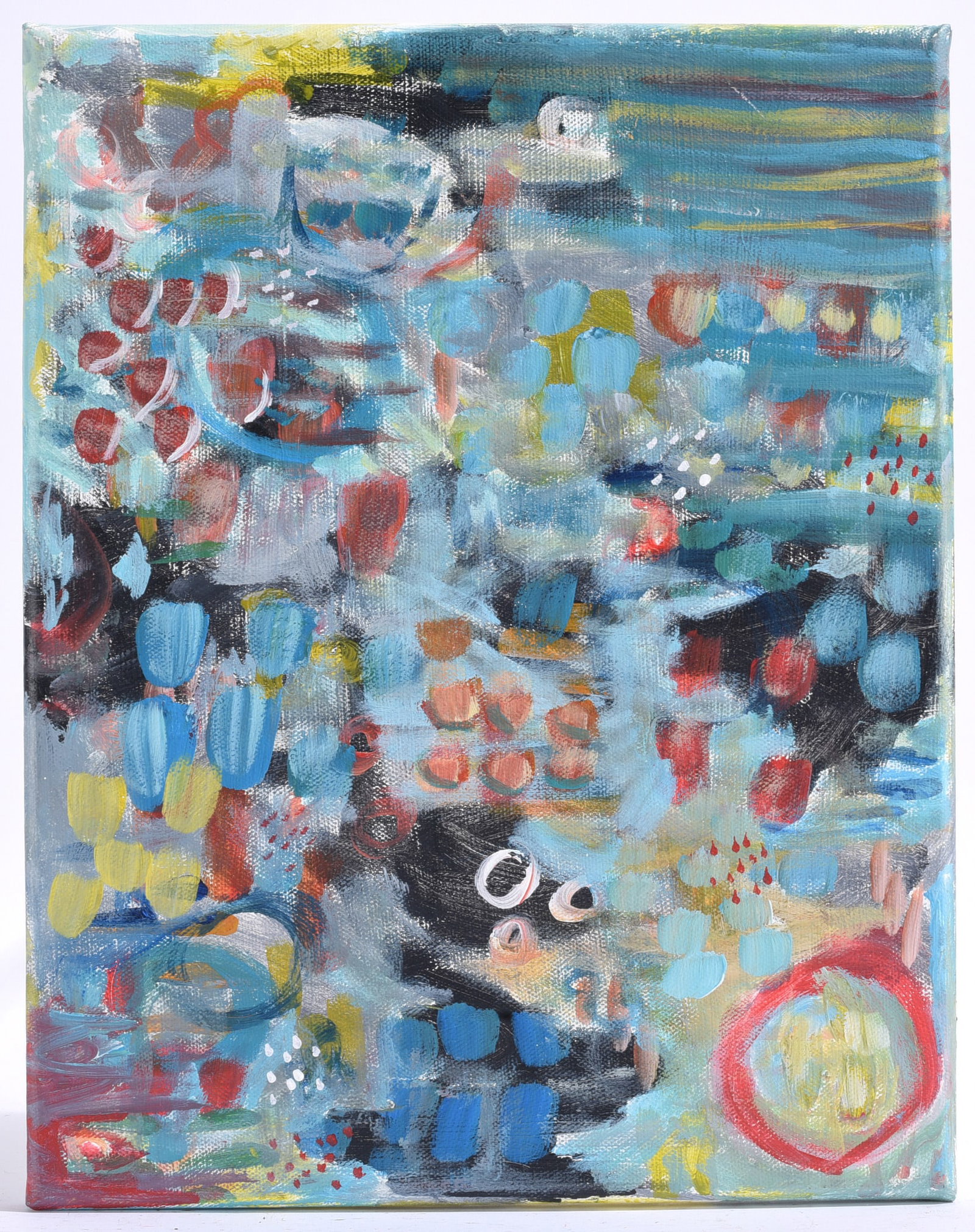 Lisa Austell Abstract painting on canvas: 11"x14" Abstract expressionist painting composed of layered brushwork, colorful forms, and energetic texture.