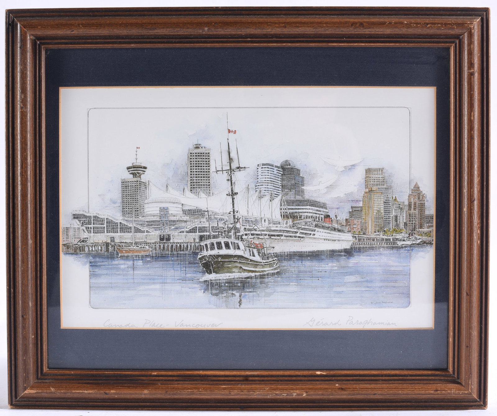 Gerard Paraghamian "Canada Place, Vancouver" Print: 11"x9" Signed Gerard Paraghamian print depicting Vancouver's Canada Place waterfront skyline.