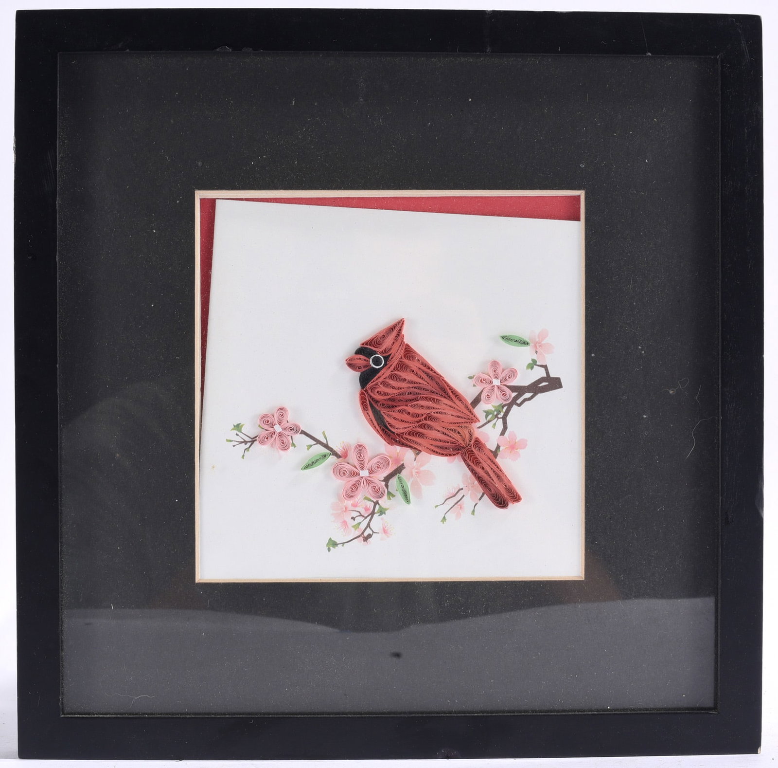 Framed Cardinal Paper Quilling Artwork: 10"x10" Framed handcrafted paper quilling artwork featuring a red cardinal perched on flowering branches. Dimensional paper construction displayed under glass.