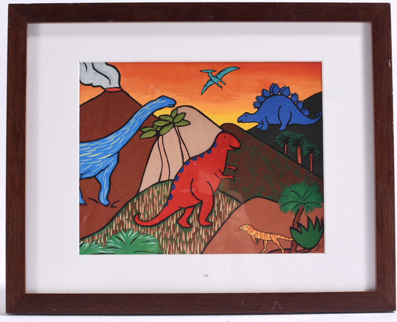 Mica Gadhia Print: 15"x12" Framed colorful folk art painting depicting dinosaurs in a prehistoric landscape with volcanoes, tropical vegetation, and flying reptiles. Signed lower right.