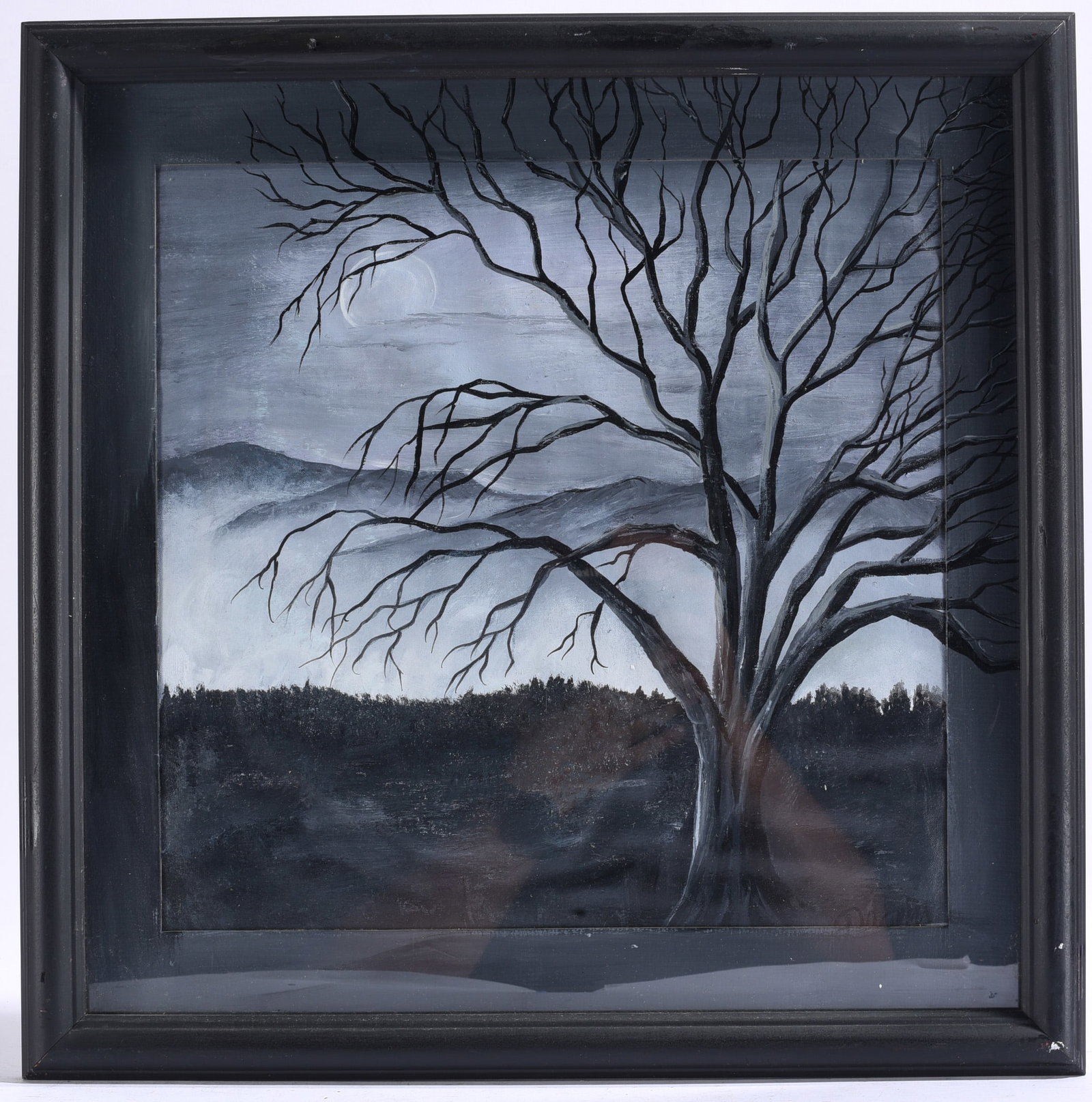 Monochromatic Moonlit Tree Landscape Painting - Signed lower right (1 of 2)